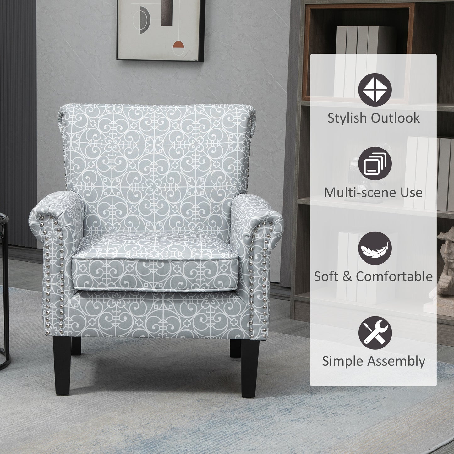 HOMCOM Modern Grey Linen Accent Chair, Rolled Arms, Nailhead Trim, Rubberwood Legs