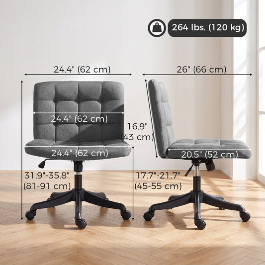 Armless Office Desk Chair, Linen Computer Chair with Rocking Function, Swivel, Wheels, Dark Grey