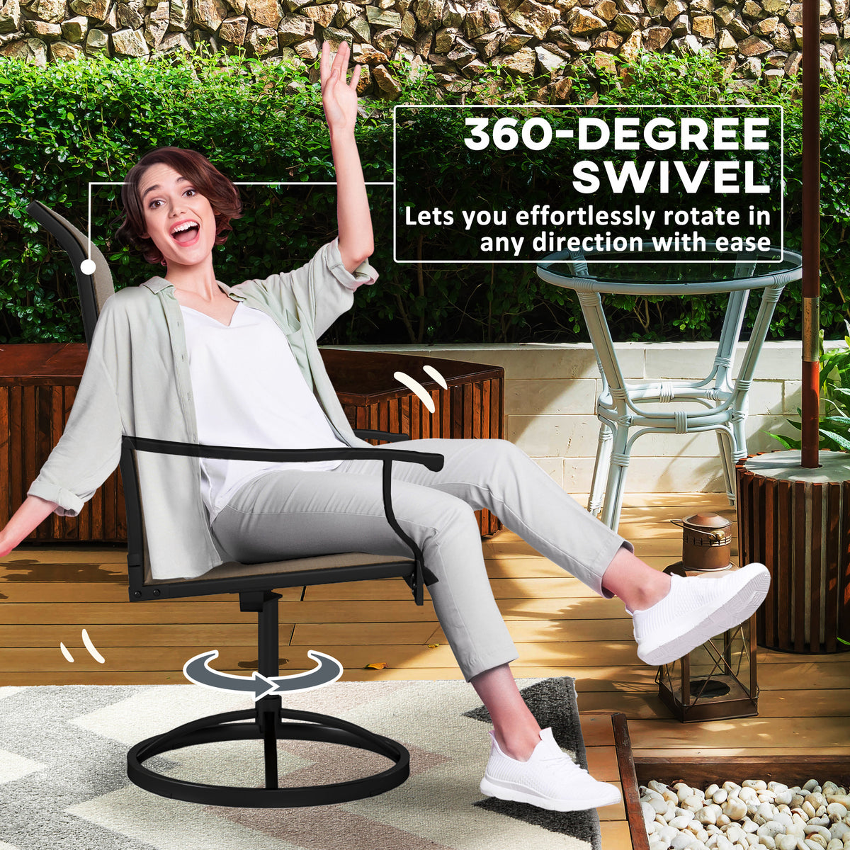Outdoor Swivel Dining Chairs Set of 2, High Back Swivel Chairs with All Weather Mesh for Deck, Backyard, Poolside – Brown