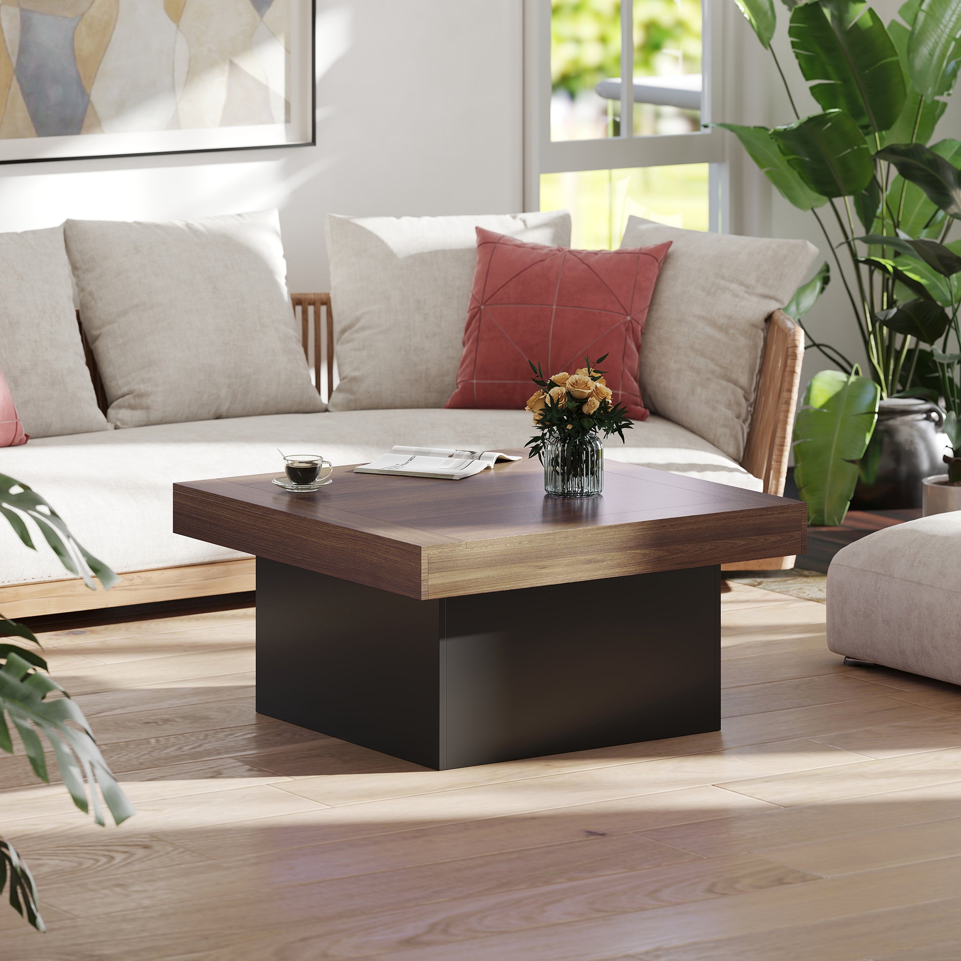 HOMCOM Square Coffee Table with 16-Colour LED Lights, Walnut, 35-Inch