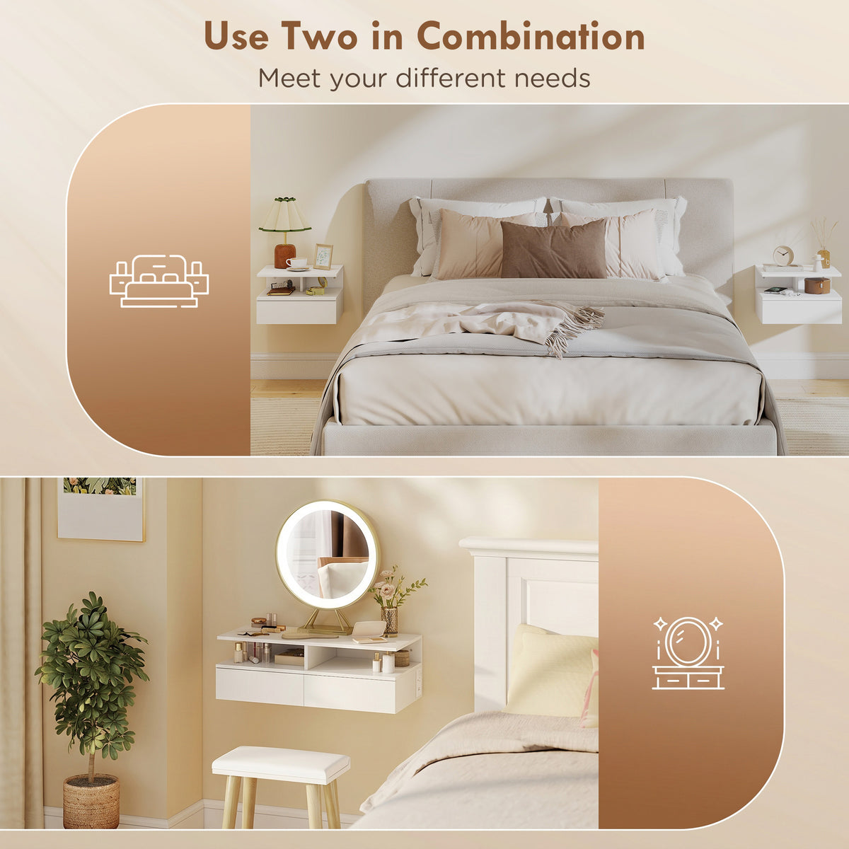 Floating Nightstands with Power Outlets, Set of 2 – 16"W x 12"H