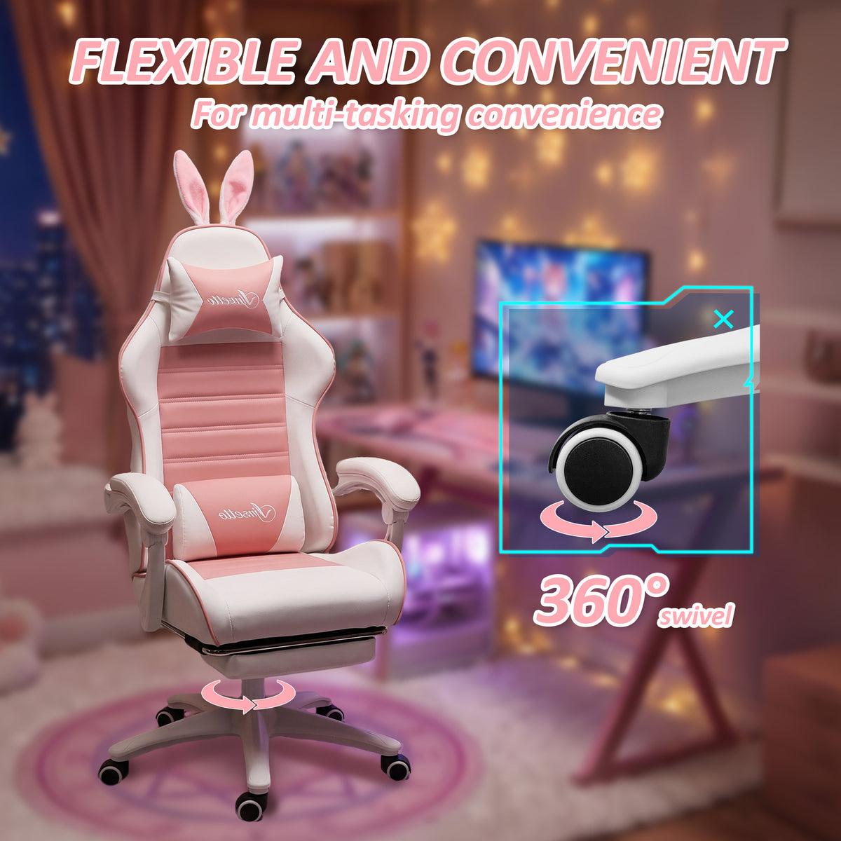 Cute Racing Gamer Chair, PU Leather Gaming Chair with Footrest, Pink