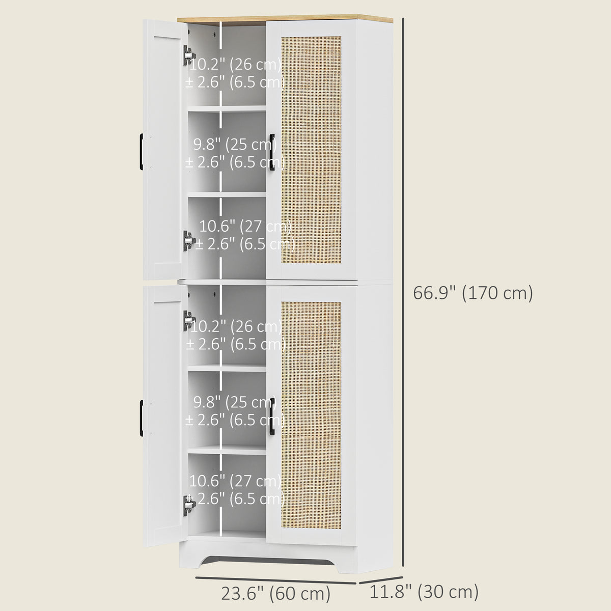 Tall Kitchen Pantry with 4 Rattan Doors and Adjustable Shelves – 24"W x 67"H