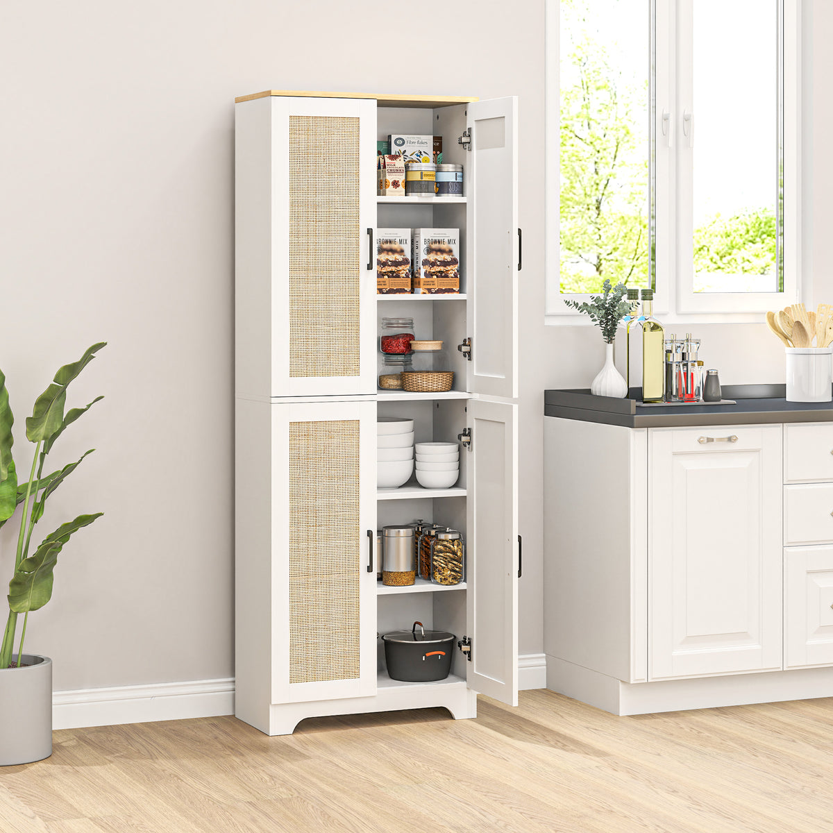 Tall Kitchen Pantry with 4 Rattan Doors and Adjustable Shelves – 24"W x 67"H
