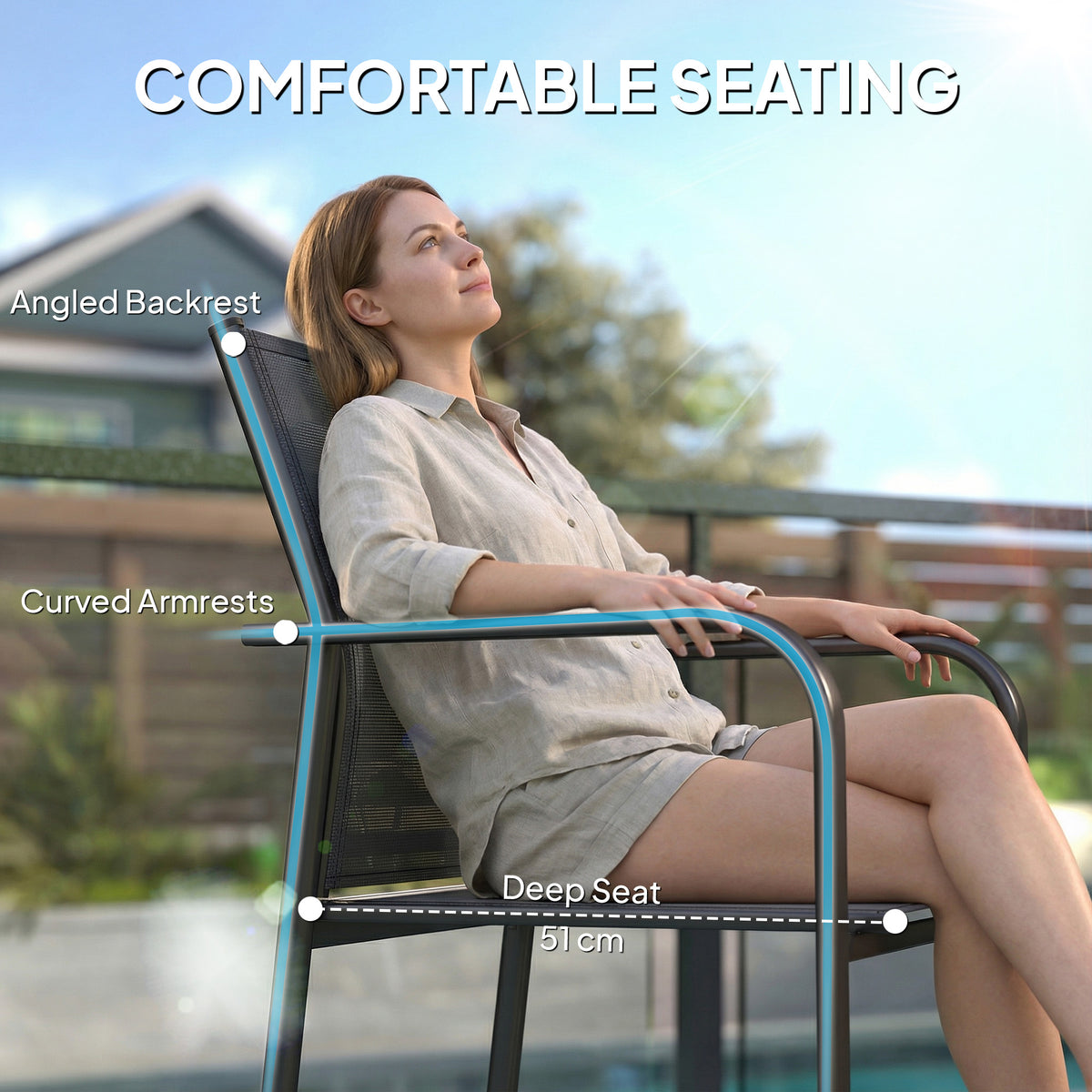 Stackable Patio Chairs Set of 4, Outdoor Dining Chairs with 20" Deep Seat, All Weather Breathable Mesh, Armrests – Black