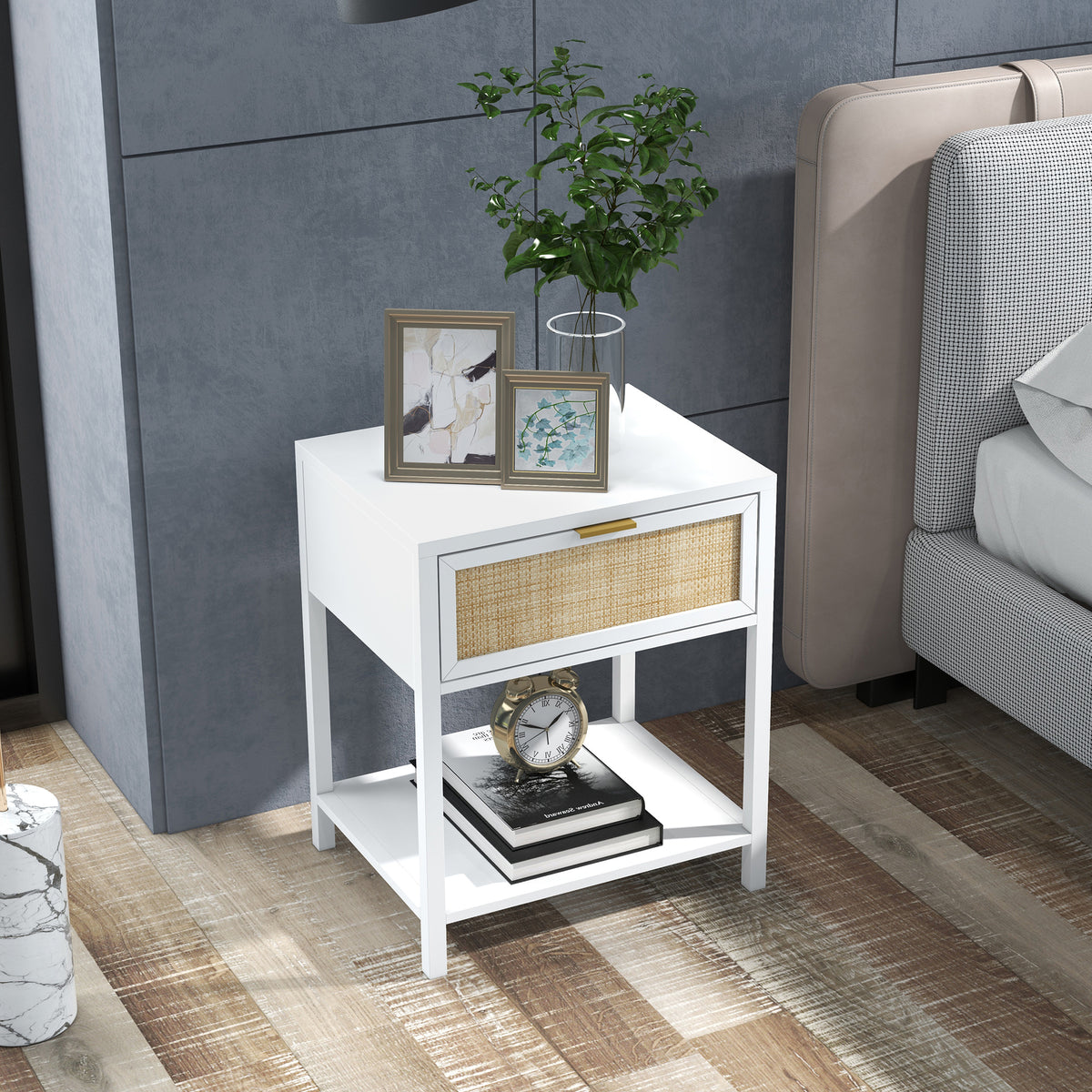 Boho Nightstand with Rattan Drawer and Open Shelf – 20"W x 24"H