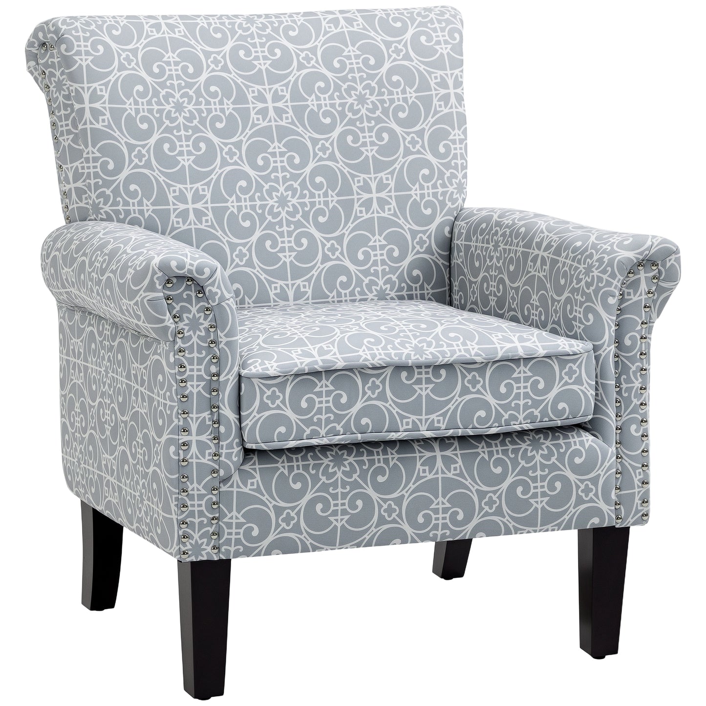 HOMCOM Modern Grey Linen Accent Chair, Rolled Arms, Nailhead Trim, Rubberwood Legs