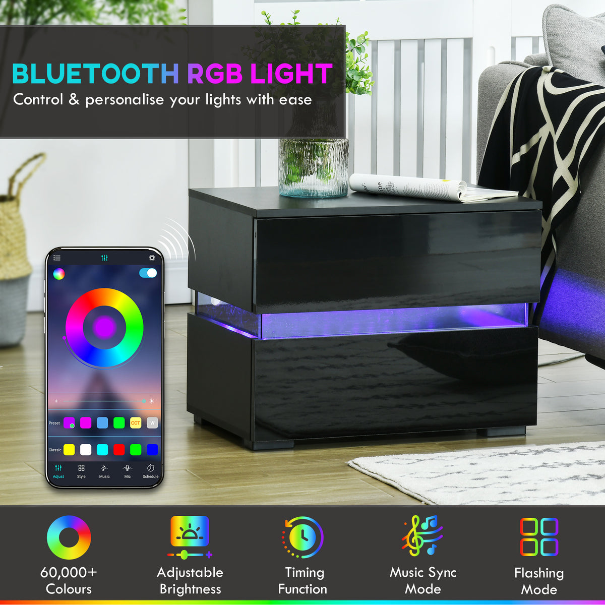 Nightstand with RGB LED Lights and 2 Drawers – 24"W x 19"H