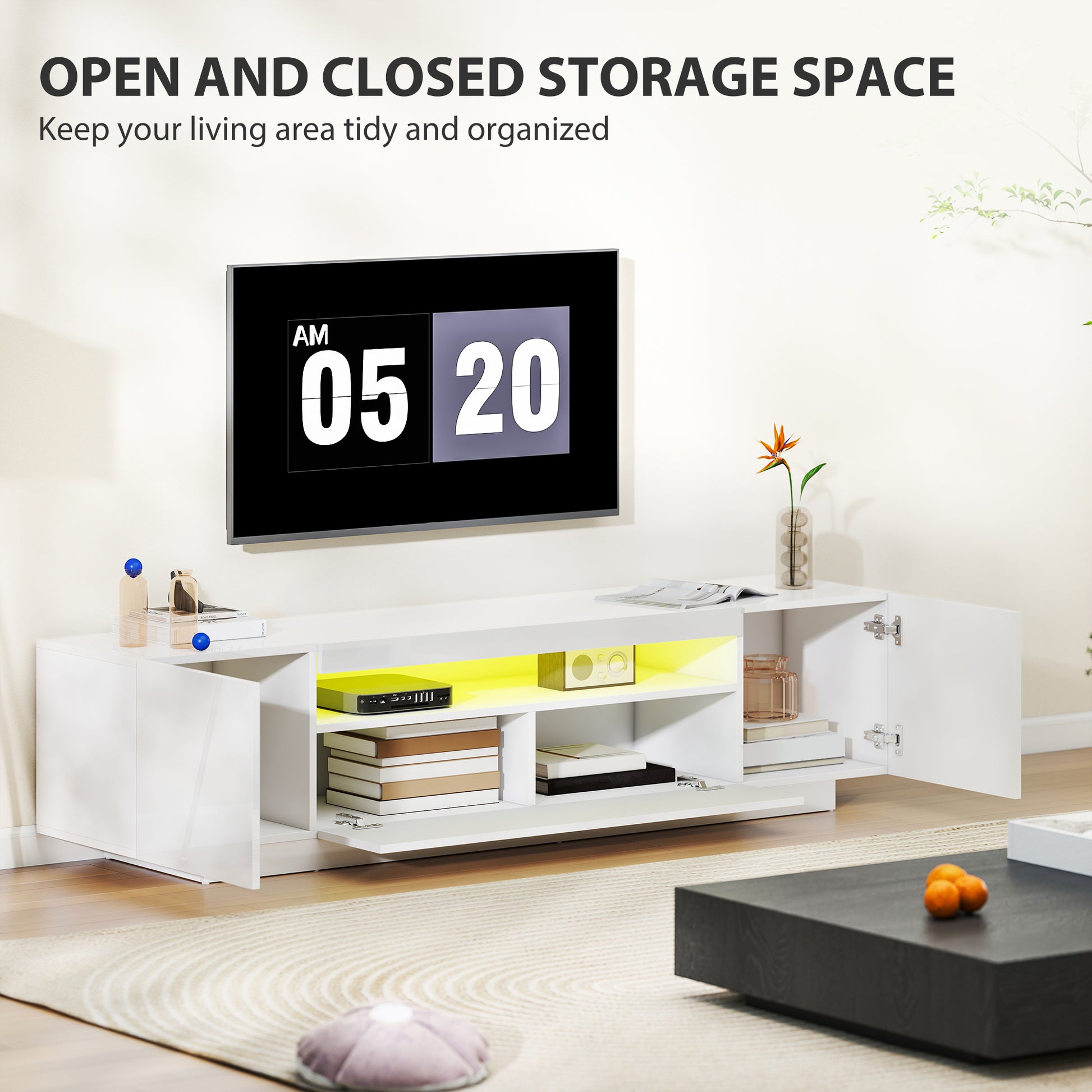 HOMCOM Modern White High-Gloss TV Stand with RGB LED Lighting
