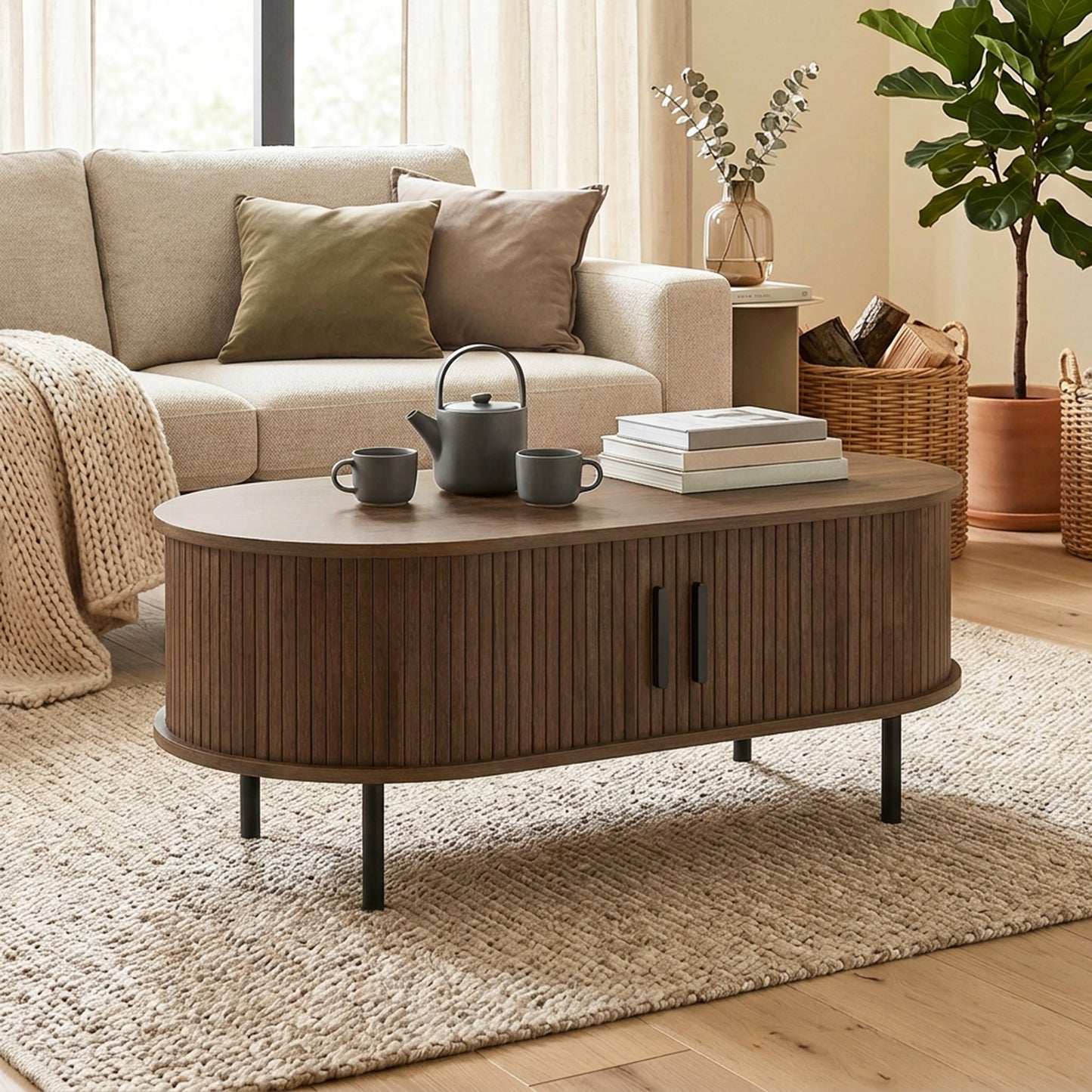 HOMCOM Coffee Table With Sliding Tambour Doors And Storage Center, 39" Brown