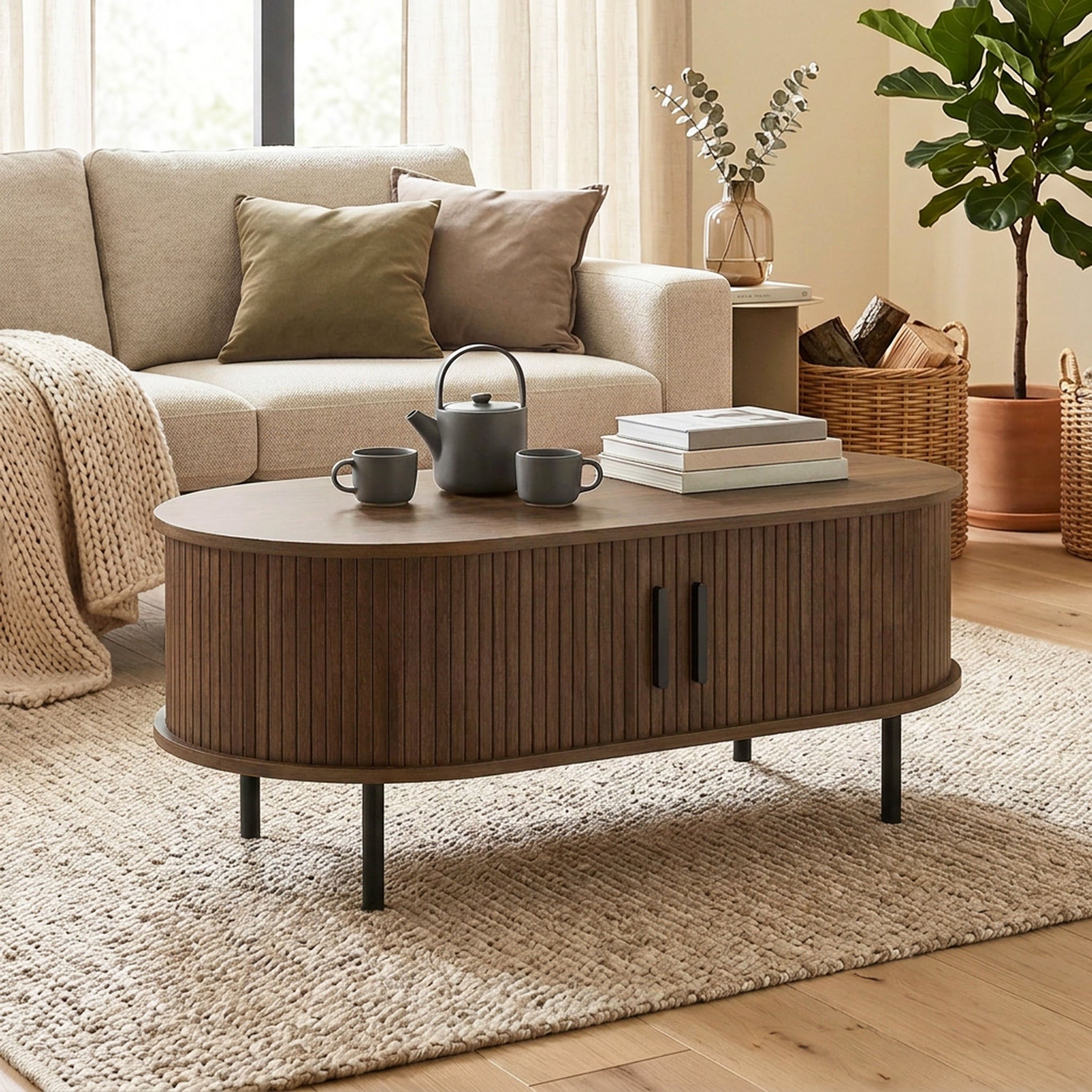 HOMCOM Coffee Table With Sliding Tambour Doors And Storage Center, 39" Brown