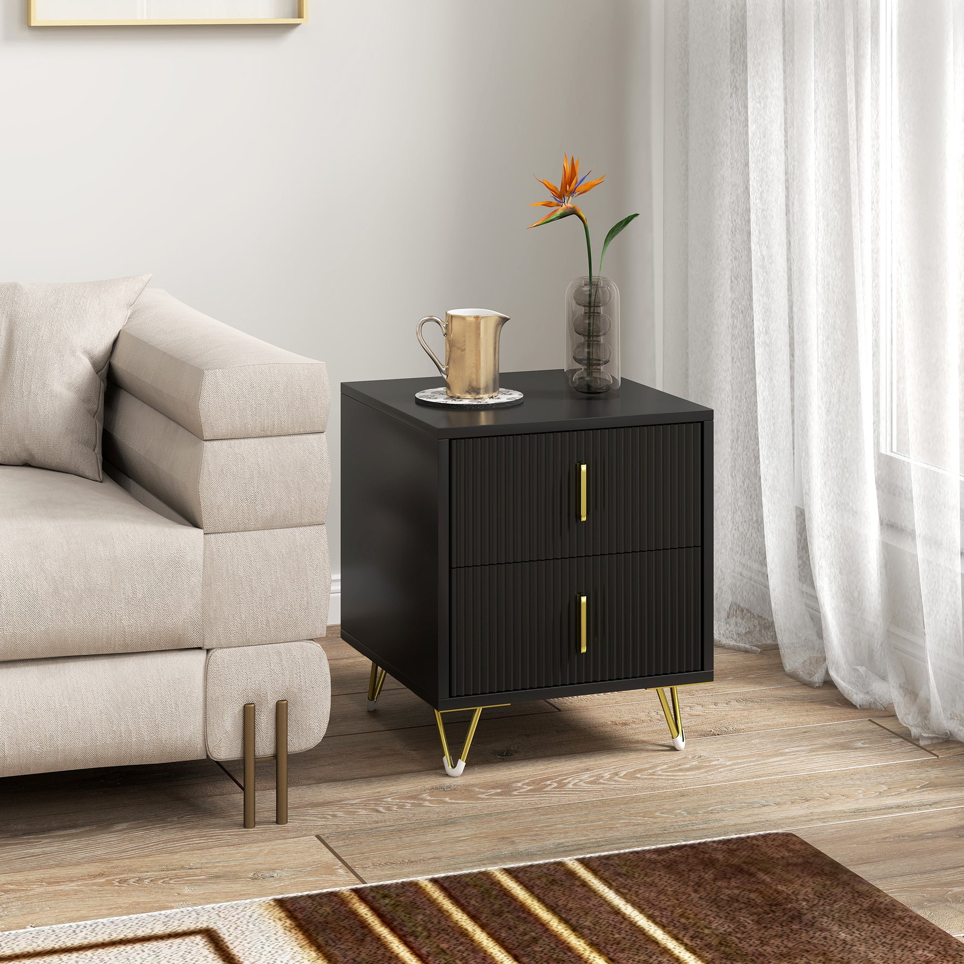 HOMCOM Modern Black 2-Drawer Bedside Nightstand, Fluted Fronts, Golden Metal Legs