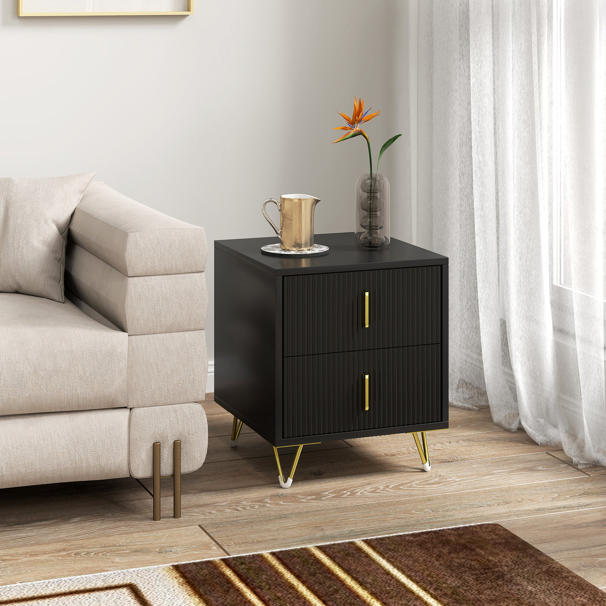 Modern 2-Drawer Nightstand with Metal Legs – 16"W x 19"H