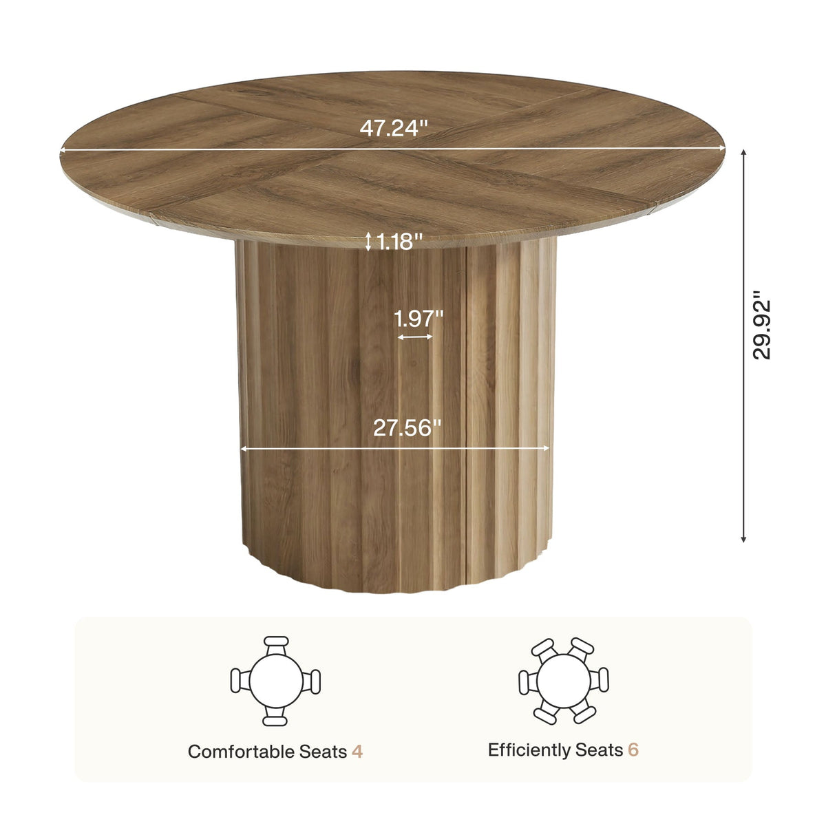47" Round Dining Table for 4-6, Modern Kitchen Table with Fluted Pedestal Base for Dining Room