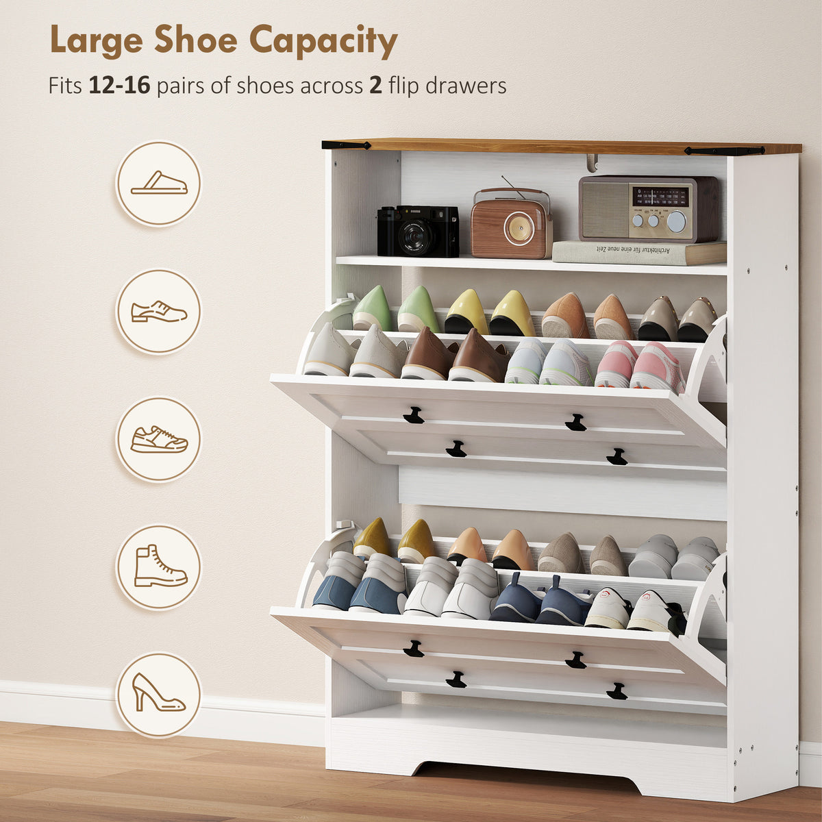 Slim Entryway Shoe Cabinet with 2 Flip Drawers – 31"W x 43"H