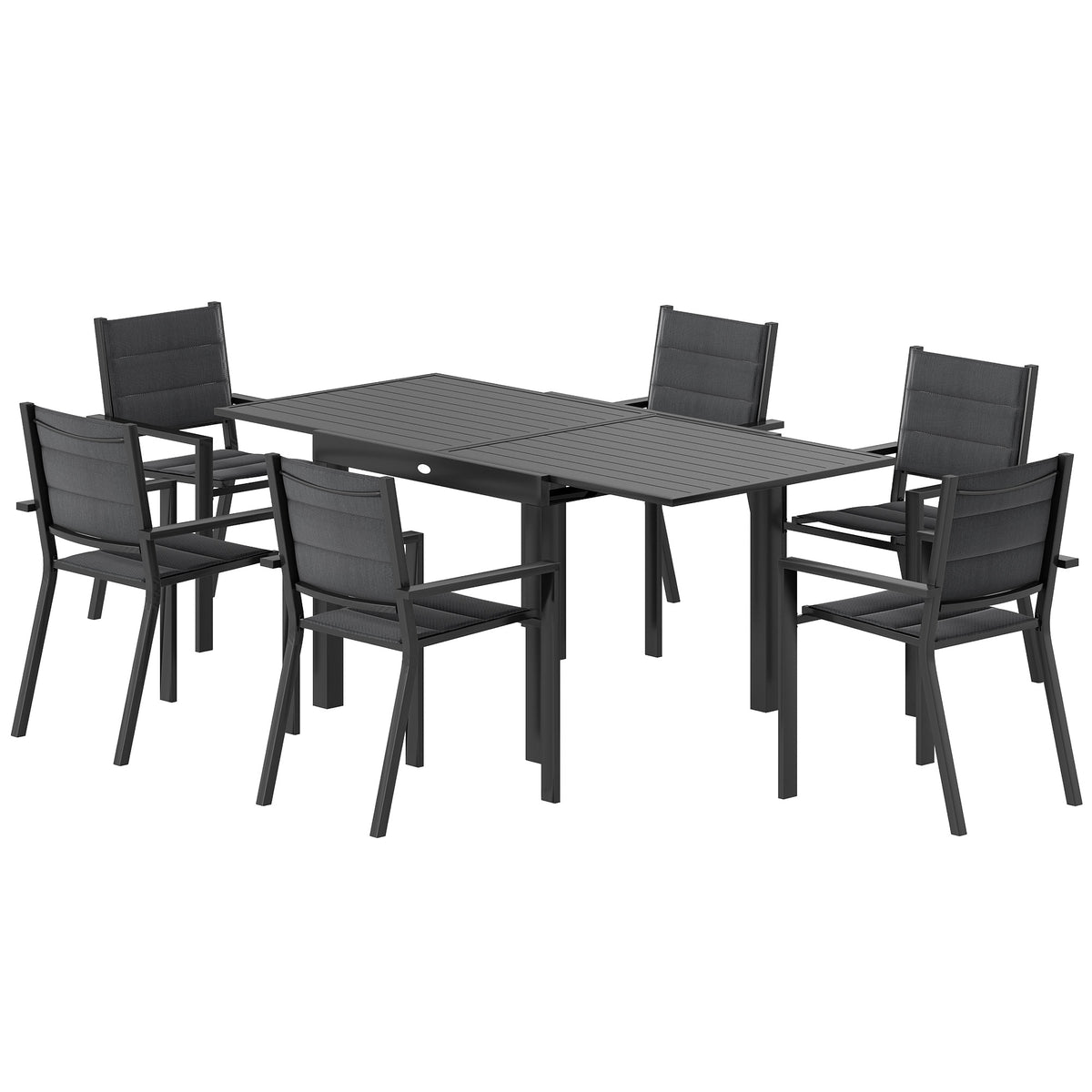 Patio Dining Set for 6, Aluminum Expandable Outdoor Table and 6 Stackable Chairs with Padded Back, Mesh Seat – Black