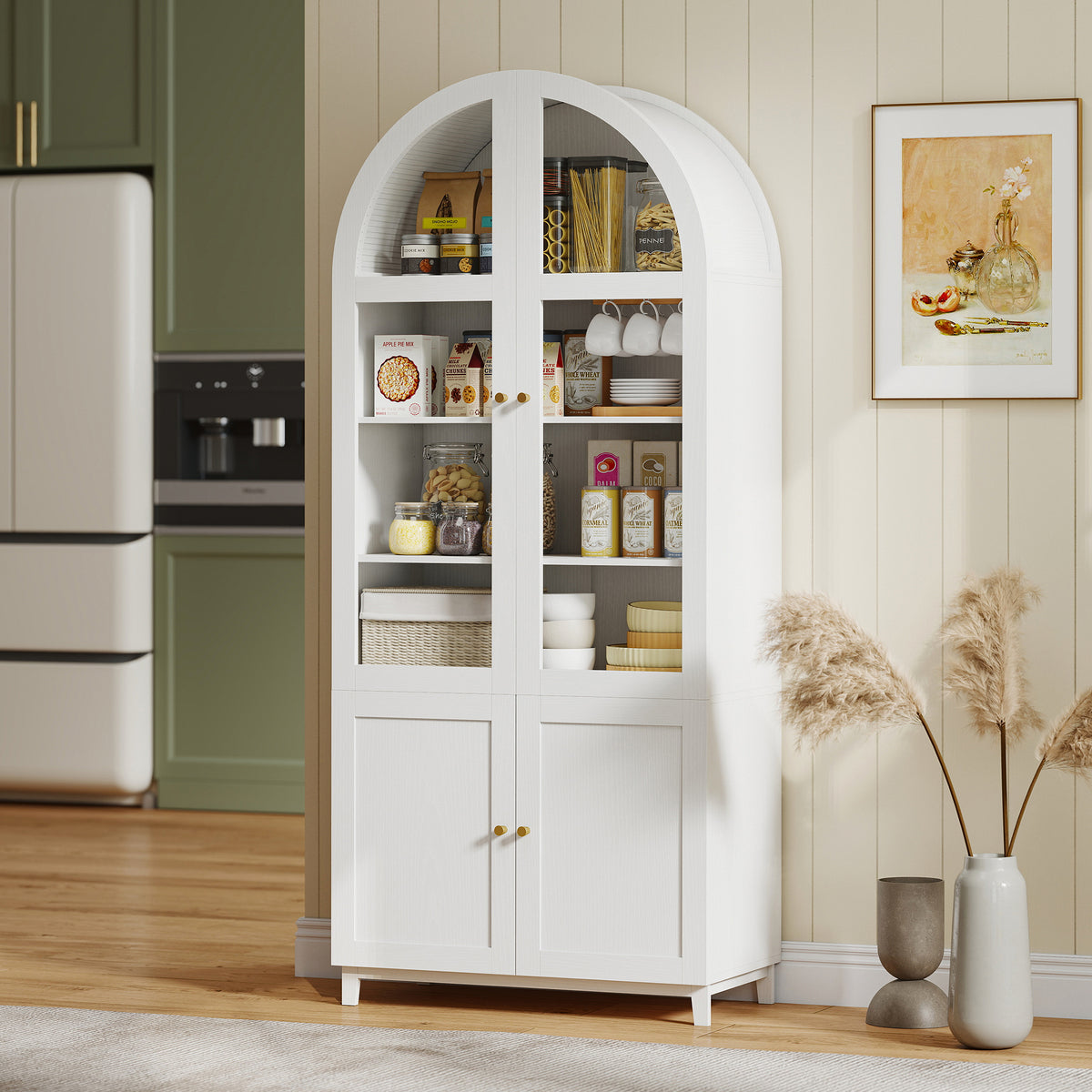 Farmhouse Kitchen Storage Cabinet with Acrylic Glass Doors – 31"W x 71"H