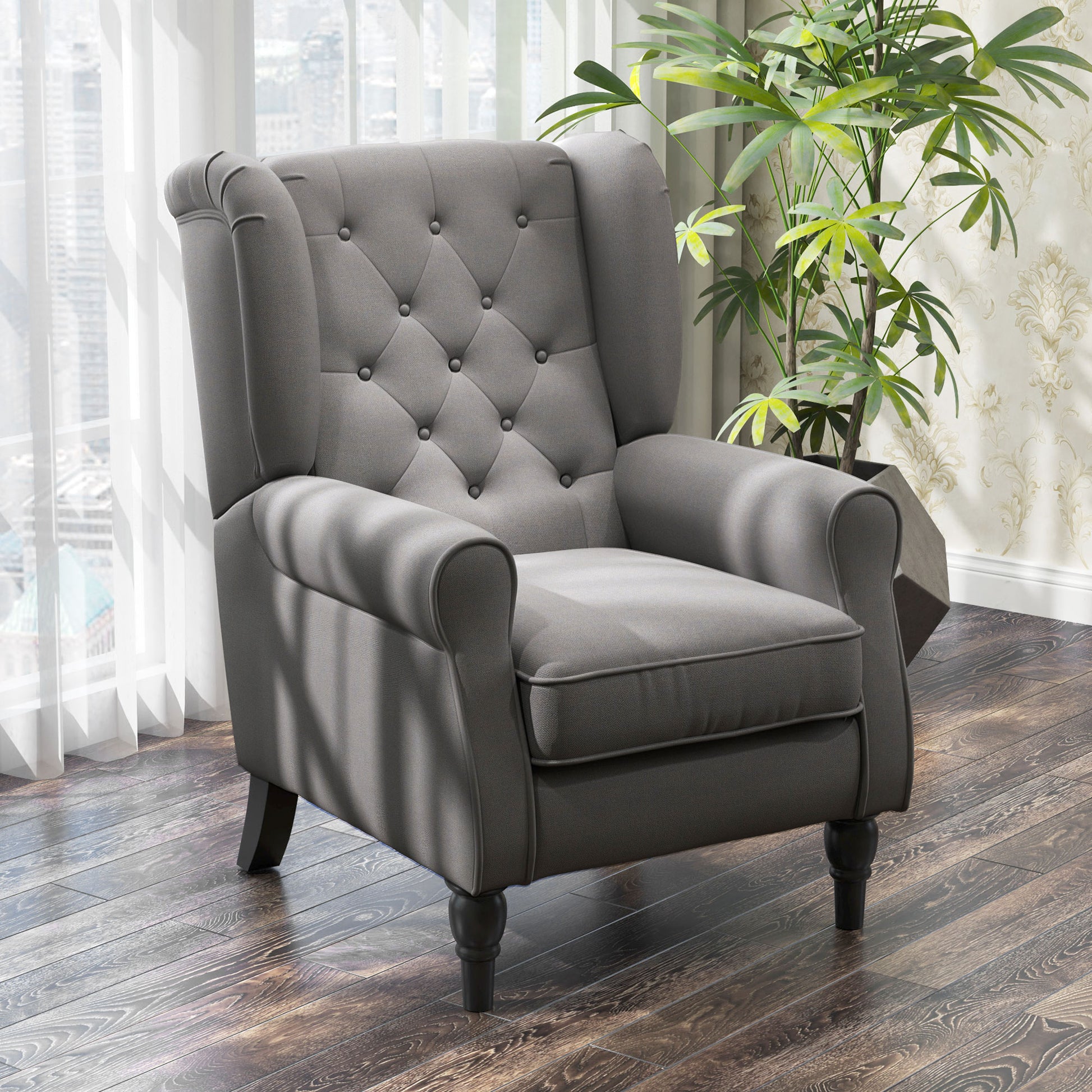 Elegant HOMCOM Fabric Accent Chair with Tufted Back, Wood Legs, Charcoal Grey