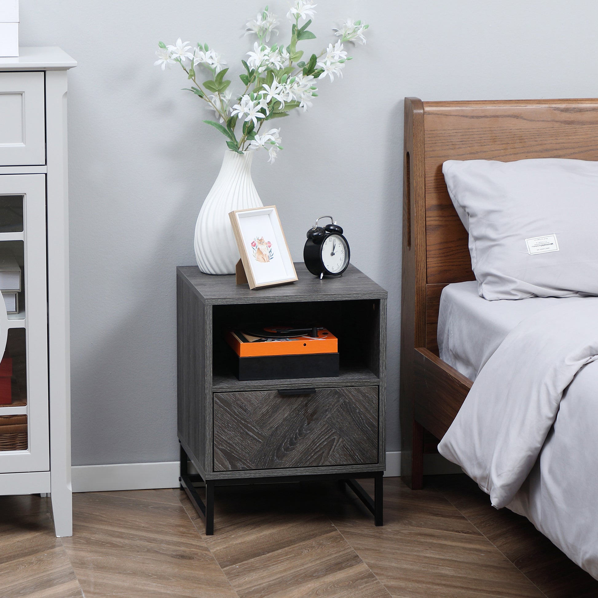 HOMCOM Modern Dark Grey Bedside Table with Drawer and Open Shelf Storage