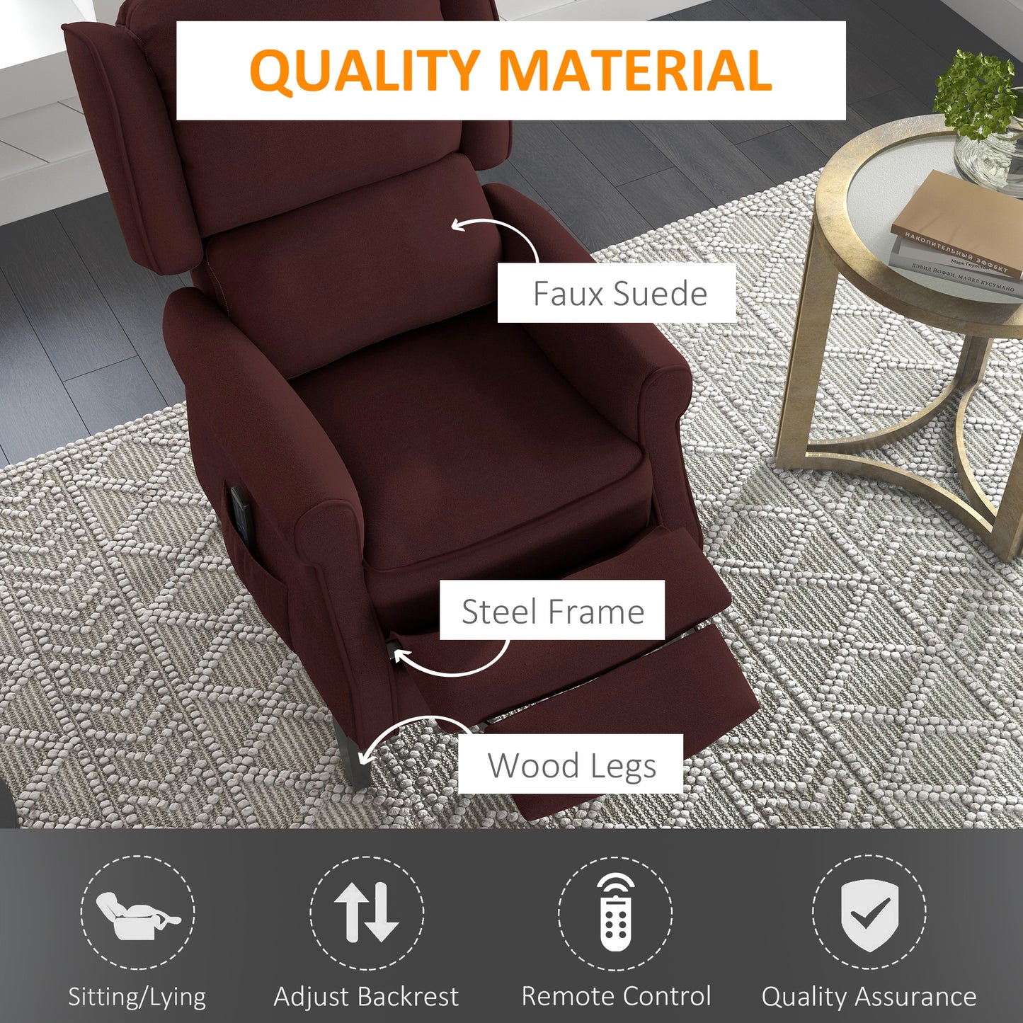 HOMCOM Brown Push Back Recliner with Massage, Extendable Footrest, Remote & Storage