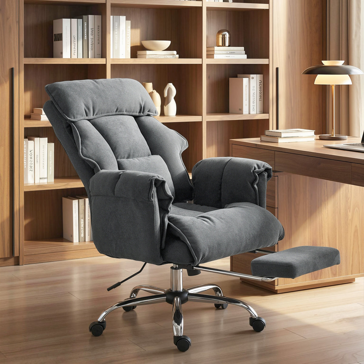 Desk Chair, Computer Office Chair with Footrest, Adjustable Backrest and Headrest, Dark Grey
