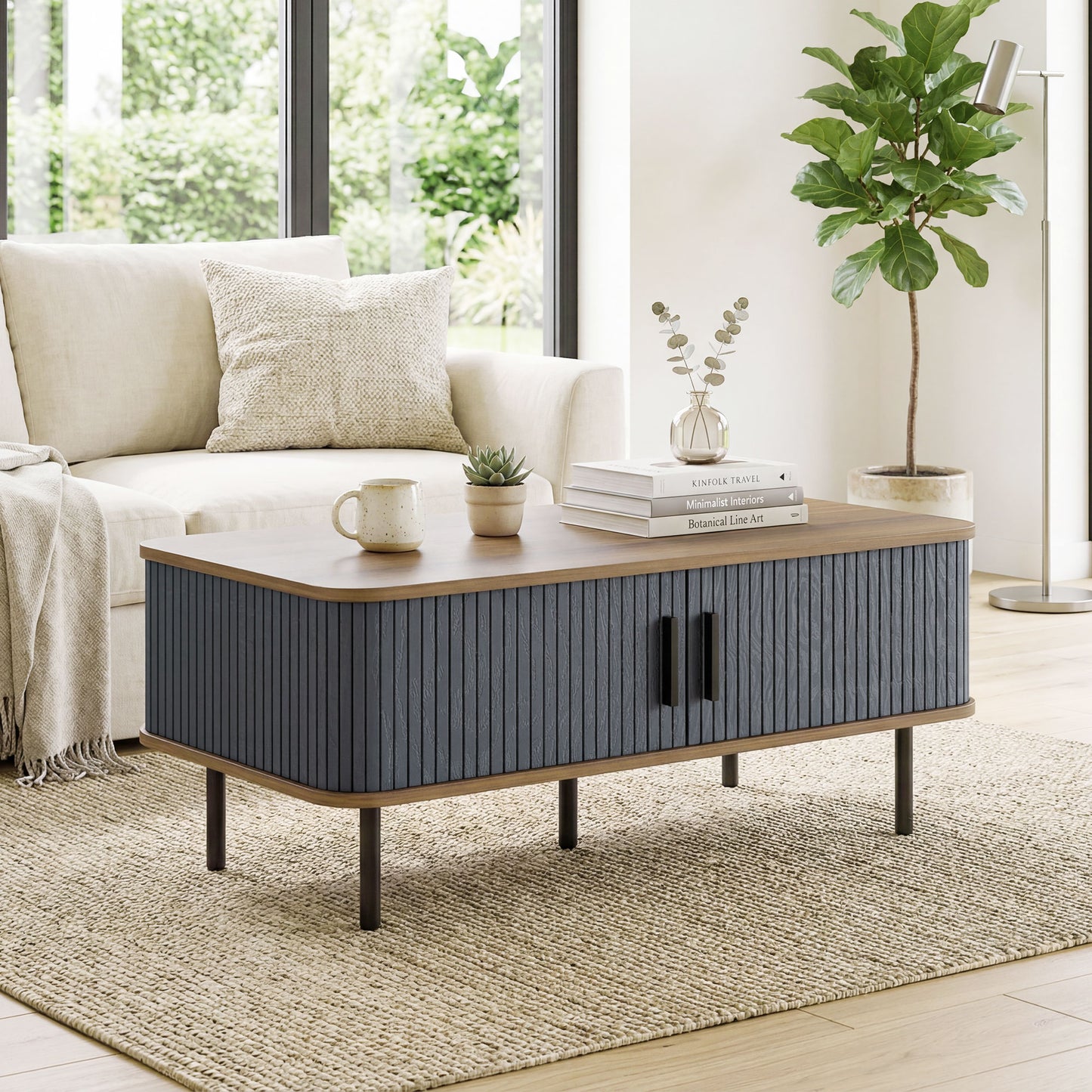 HOMCOM Nordic Side Table with Fluted Sliding Doors, Black
