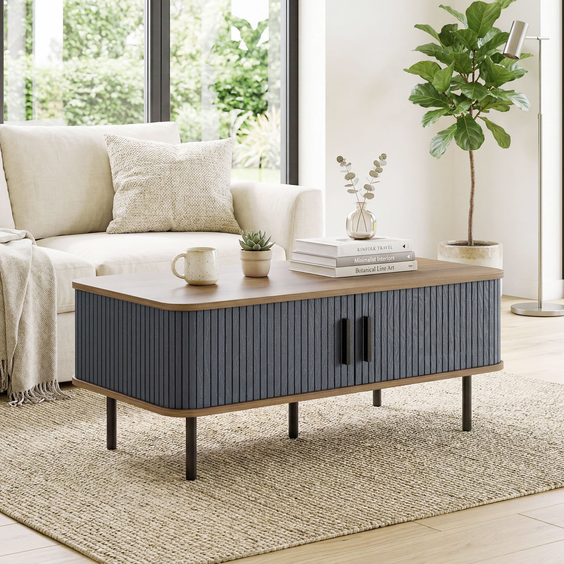 HOMCOM Nordic Side Table with Fluted Sliding Doors, Black