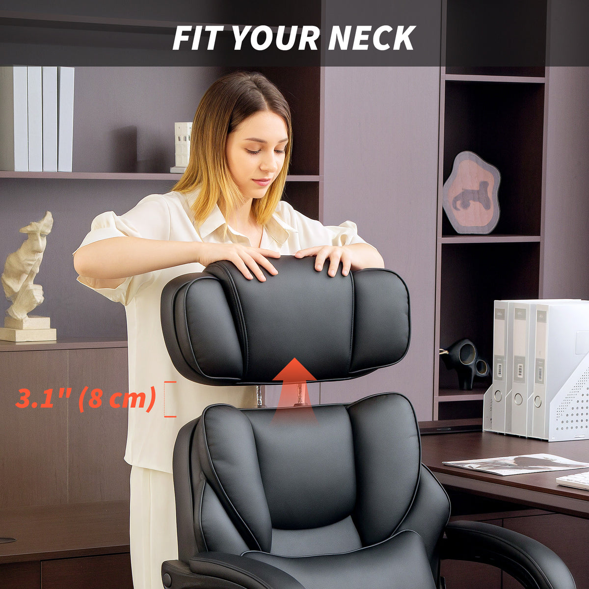 PU Leather Office Chair, Reclining Desk Chair with Footrest, Adjustable Headrest, Black