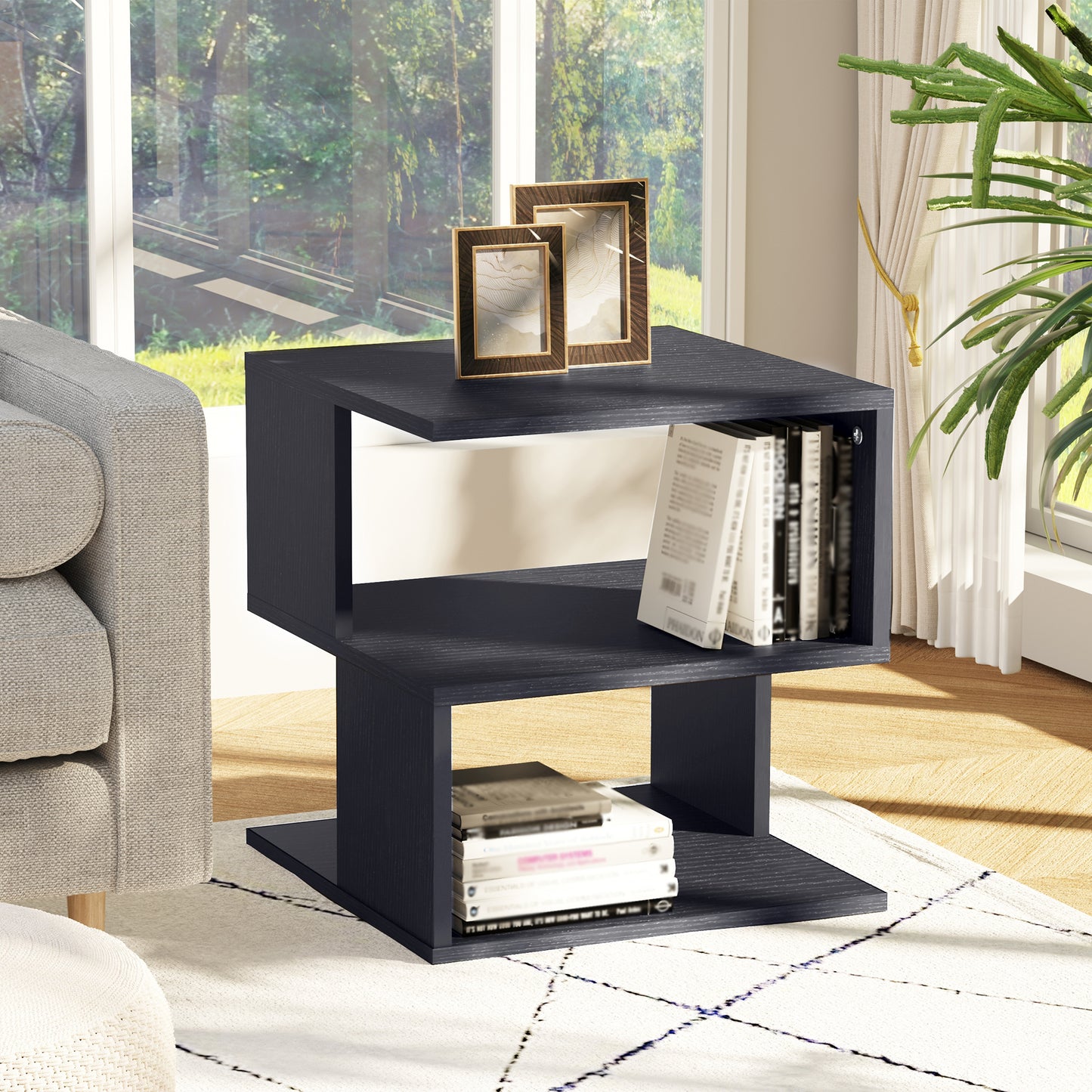 Modern Square 3-Tier Wood Coffee Side End Table with Storage Shelves Black