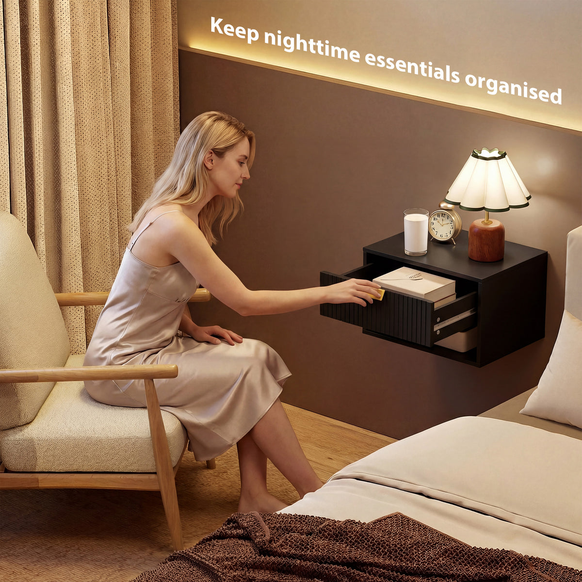 Floating Nightstands with Fluted Drawer, Set of 2 – 16"W x 10"H