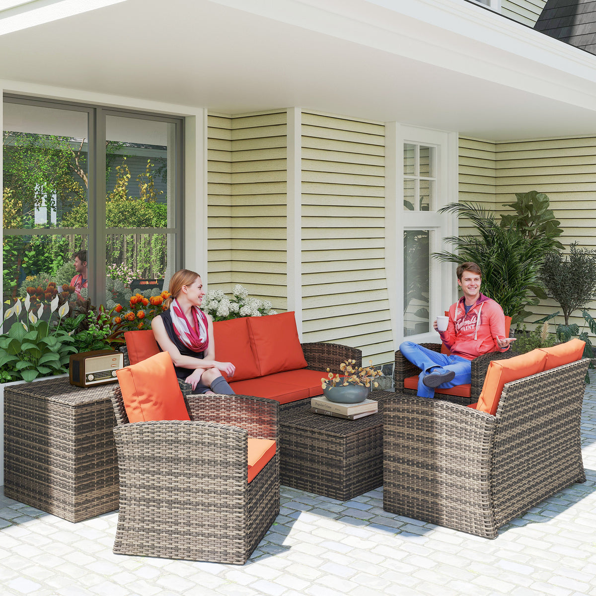 6 Pieces Wicker Patio Furniture Set with Cushions, 7-Seater Rattan Patio Sofa Set with Storage Table