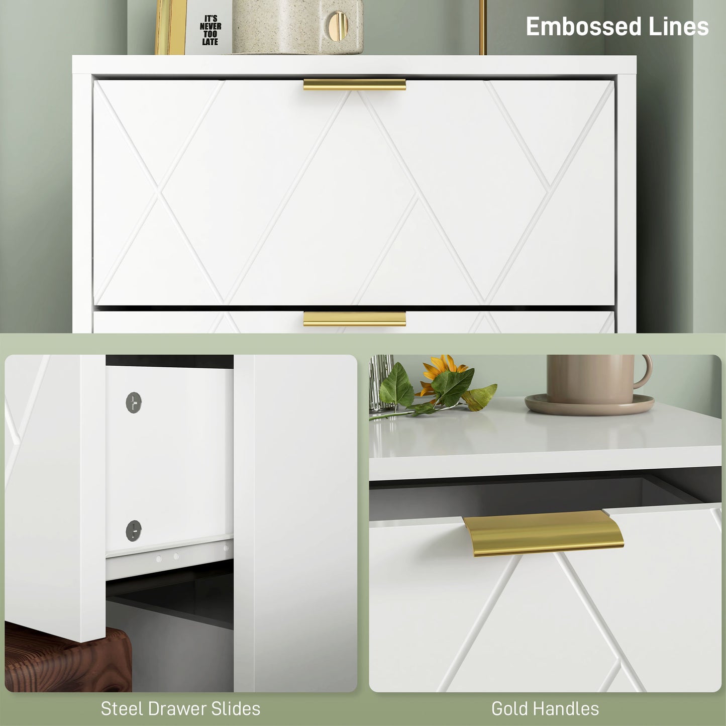 Modern White Bedside Table Accent Nightstand with 2 Storage Drawers, Hairpin Legs