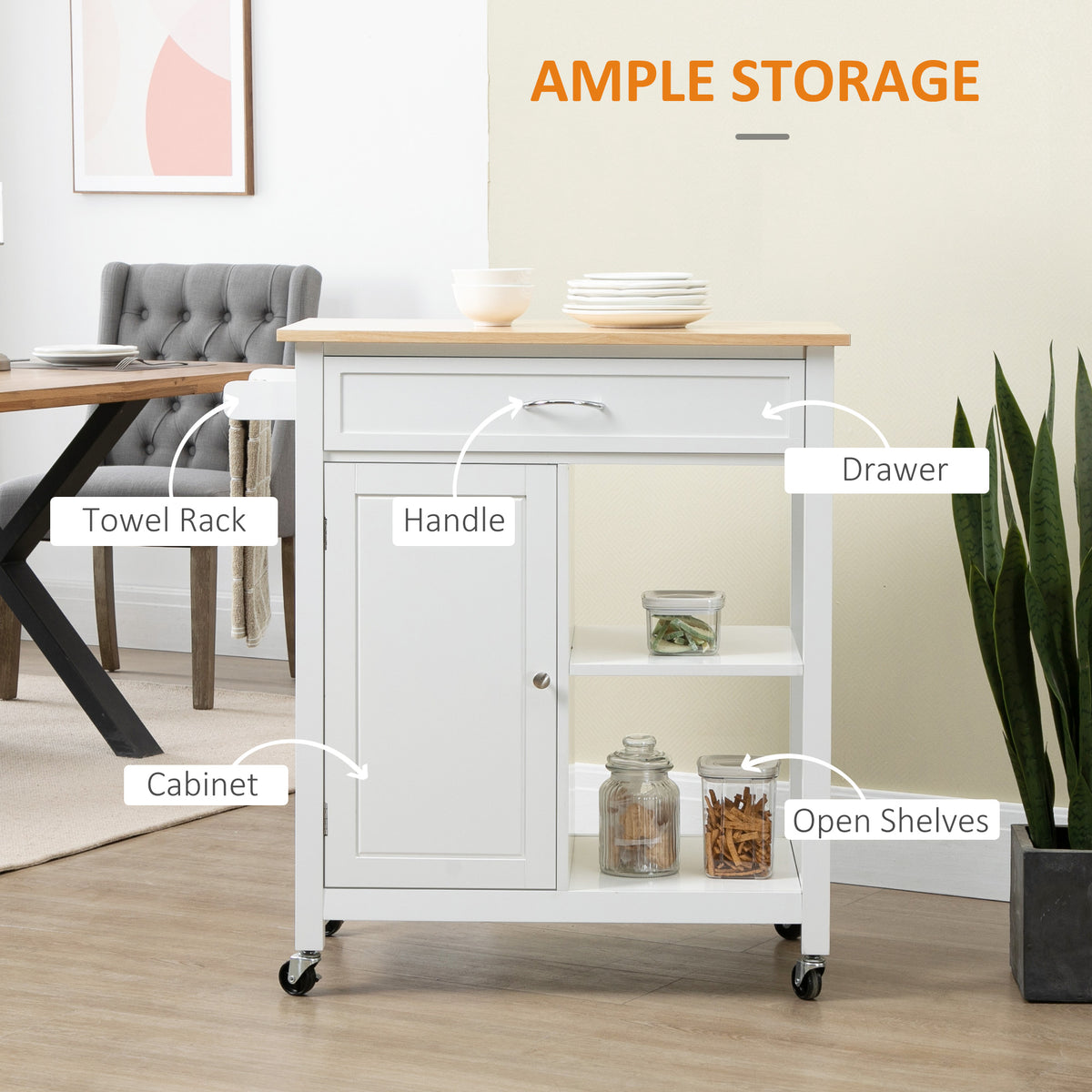 Rolling Kitchen Cart with Wood Top and Drawer – 33"W x 35"H