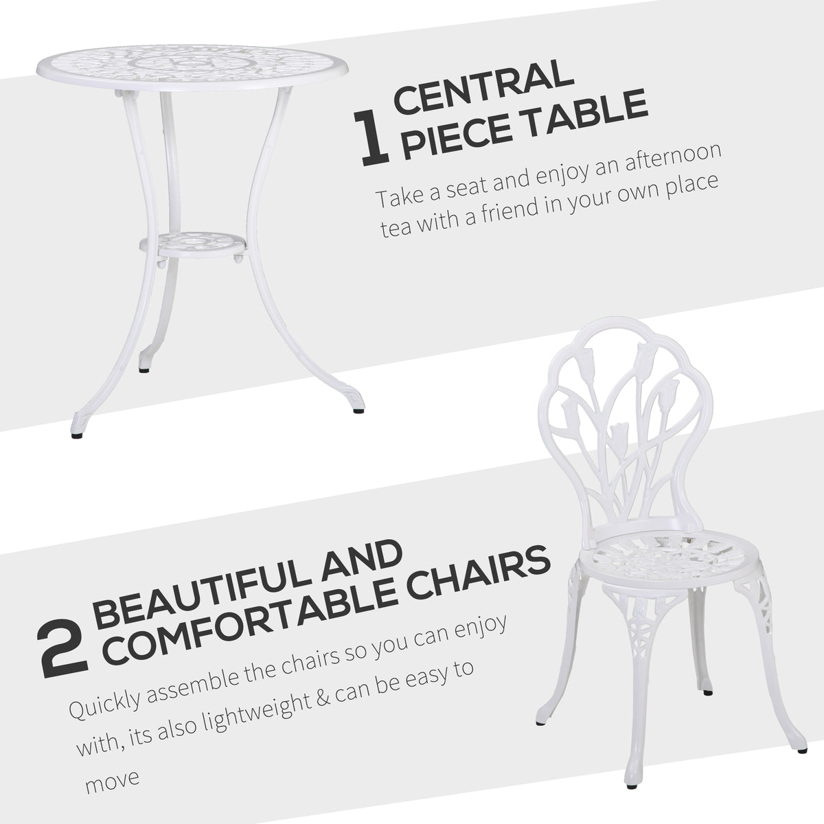 3PCs Patio Bistro Set, Outdoor Cast Aluminum Garden Table and Chairs with Umbrella Hole for Balcony, Bronze – White