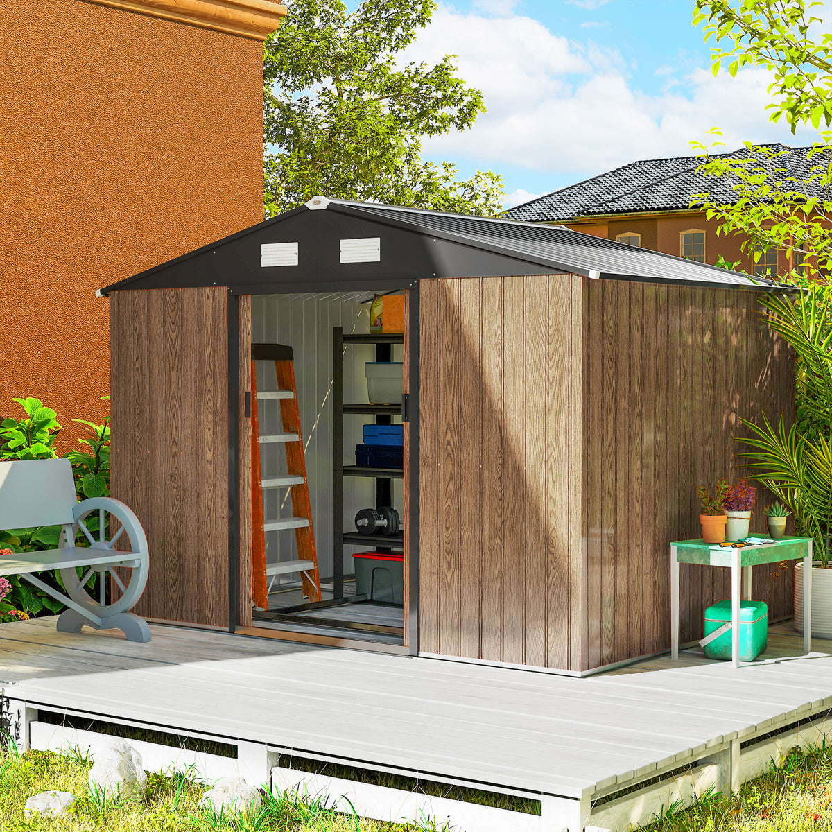 9.1'x6.4'x6.3' Garden Storage Shed, Outdoor Storage Tool House with Vents, Foundation and Lockable Double Doors – Teak