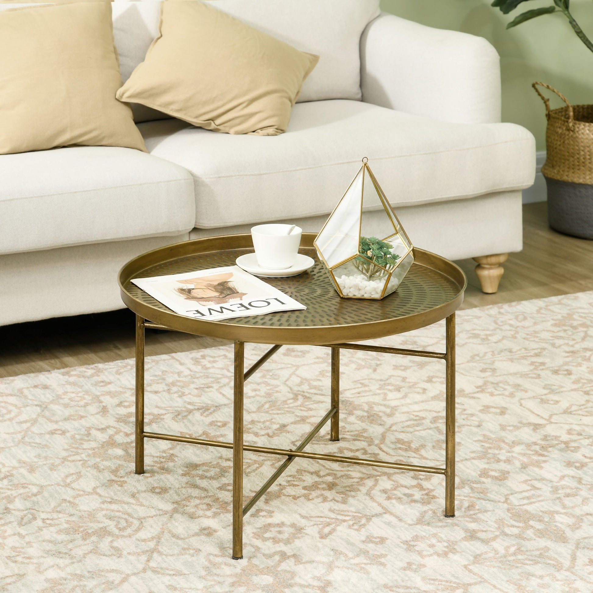 Vintage Gold Round Coffee Table: Hammered Tray Top, Durable Metal Frame