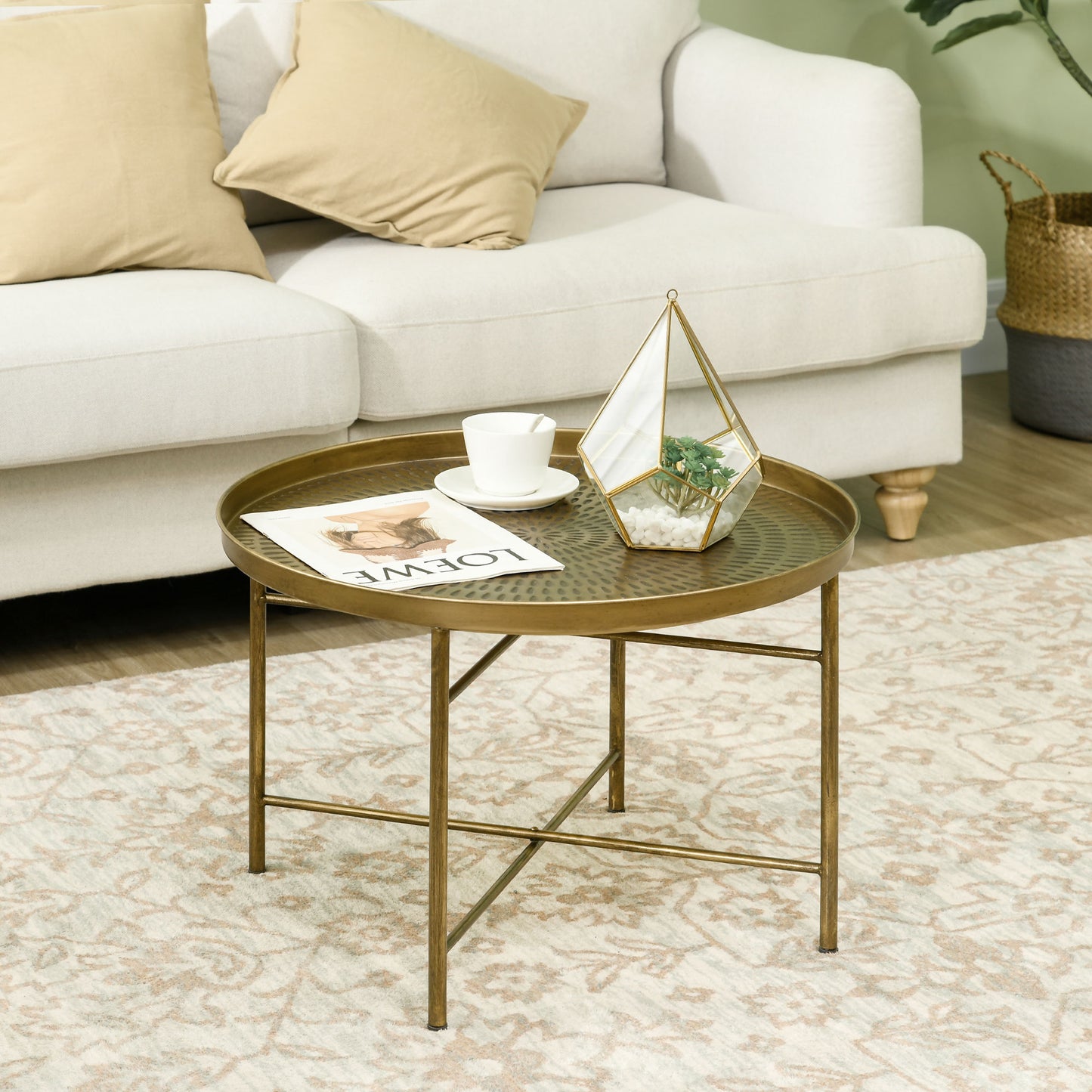 HOMCOM Vintage Gold Round Coffee Table Hammered Tray Top Metal Frame Living Room