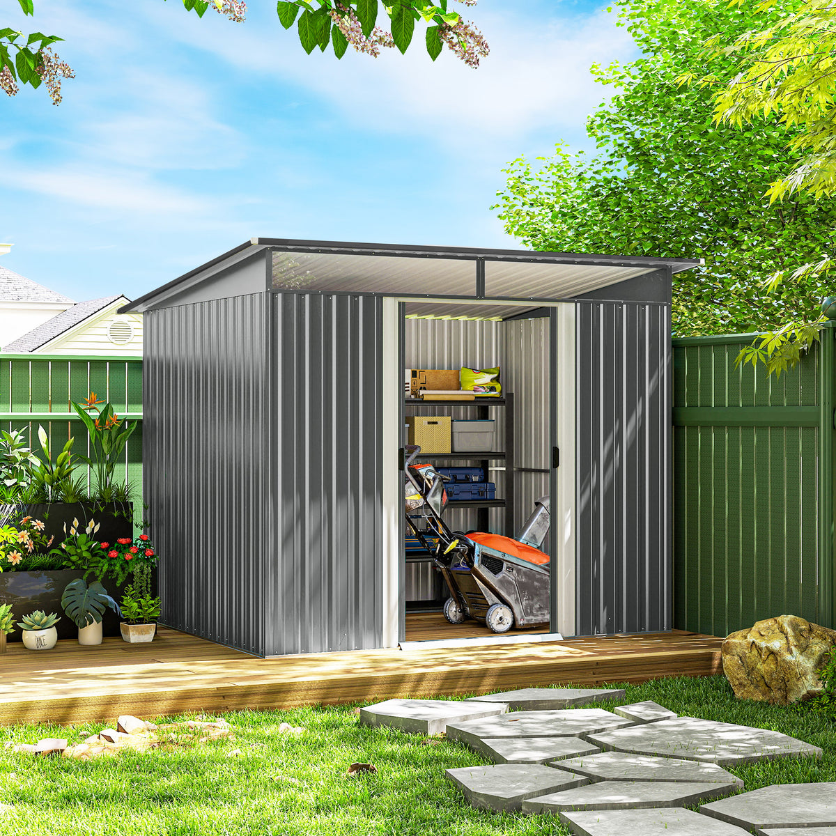 9' x 6.5' Outdoor Metal Storage Shed Utility Tool Storage House w/ Double Sliding Doors for Garden