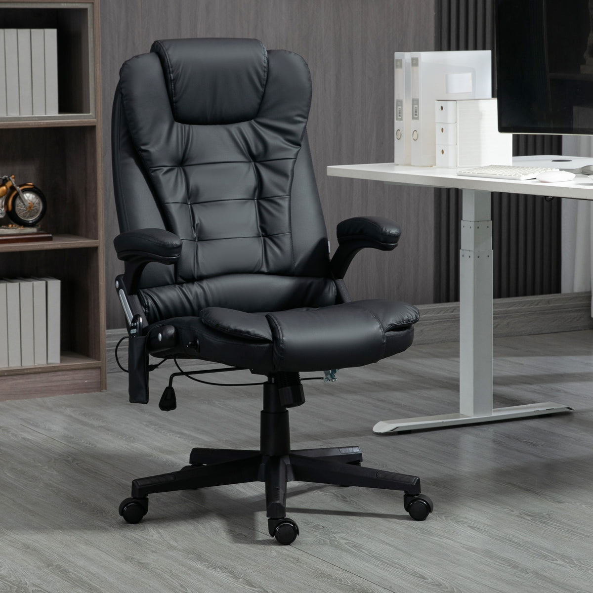 Executive Heated Massage Office Chair, High Back Reclining Faux Leather Vibrating Swivel Chair, Black