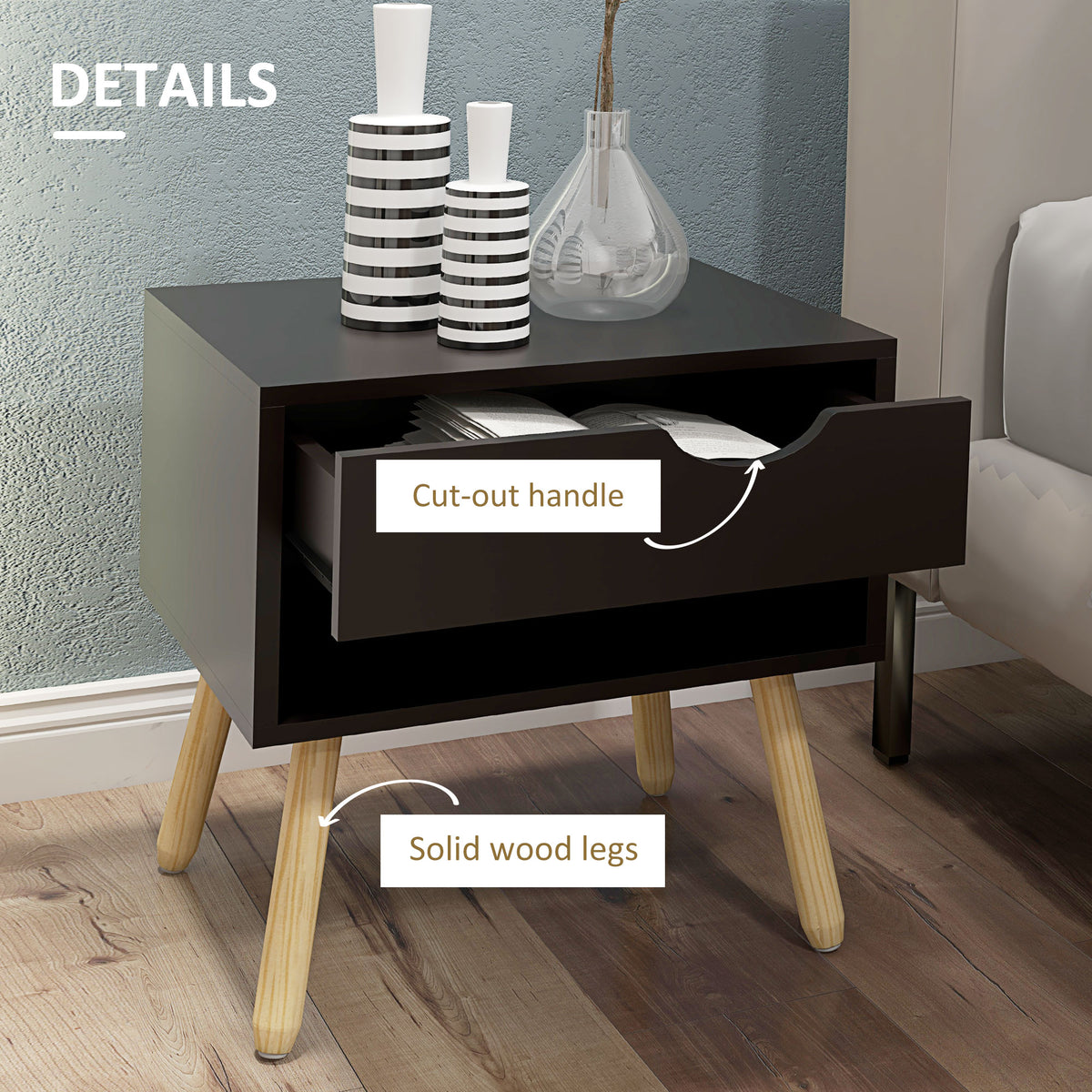 Nightstands with Drawer, Shelf and Wood Legs, Set of 2 – 20"W x 20"H