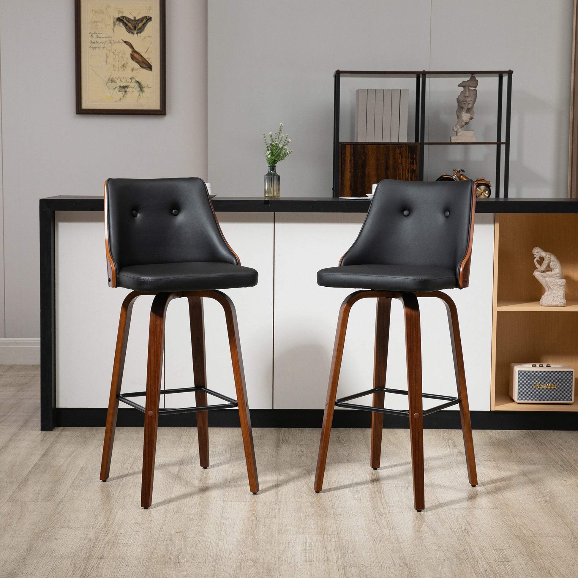 HOMCOM Black Tufted PU Leather Swivel Counter Height Bar Stools (Set of 2)
