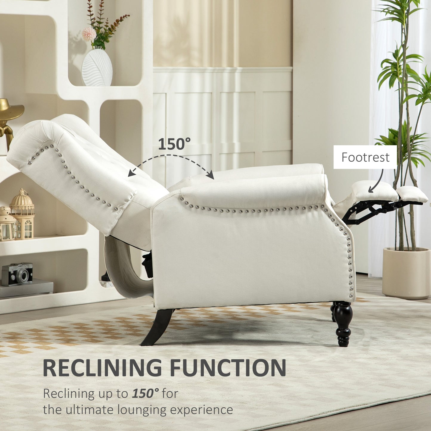 HOMCOM Cream White Wingback Recliner Chair with Button Tufted Footrest