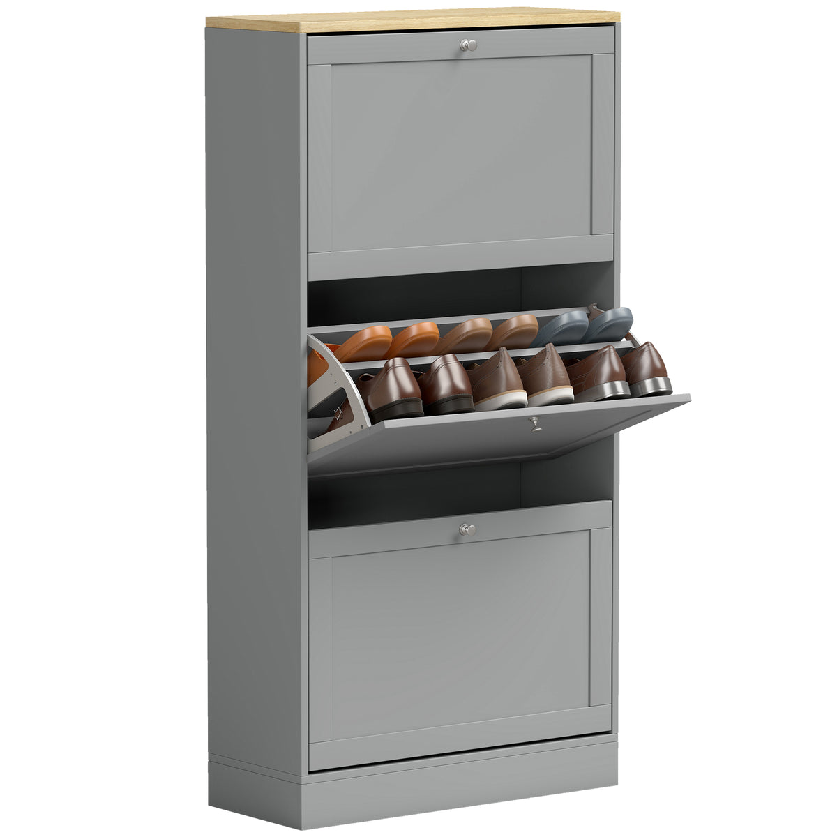 Modern Shoe Storage with 3 Flip Drawers and Adjustable Shelves – 24"W x 45"H