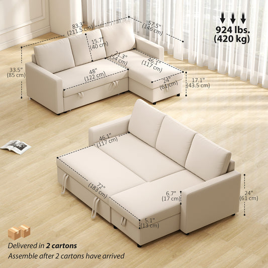 83" L-Shaped Pull-Out Sleeper Sectional with Storage Chaise