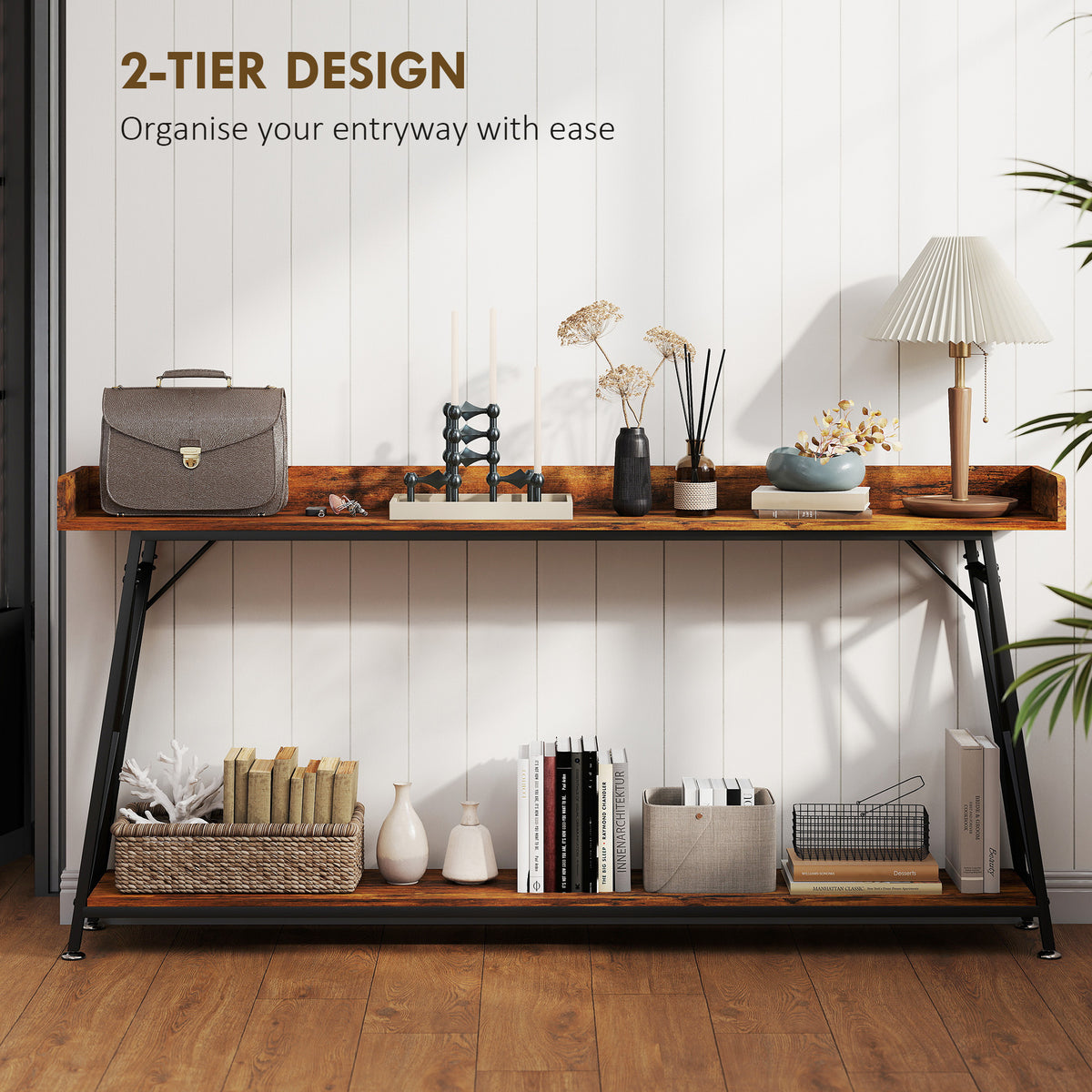 71" Extra Long Industrial Console Table with Shelf & Guardrails
