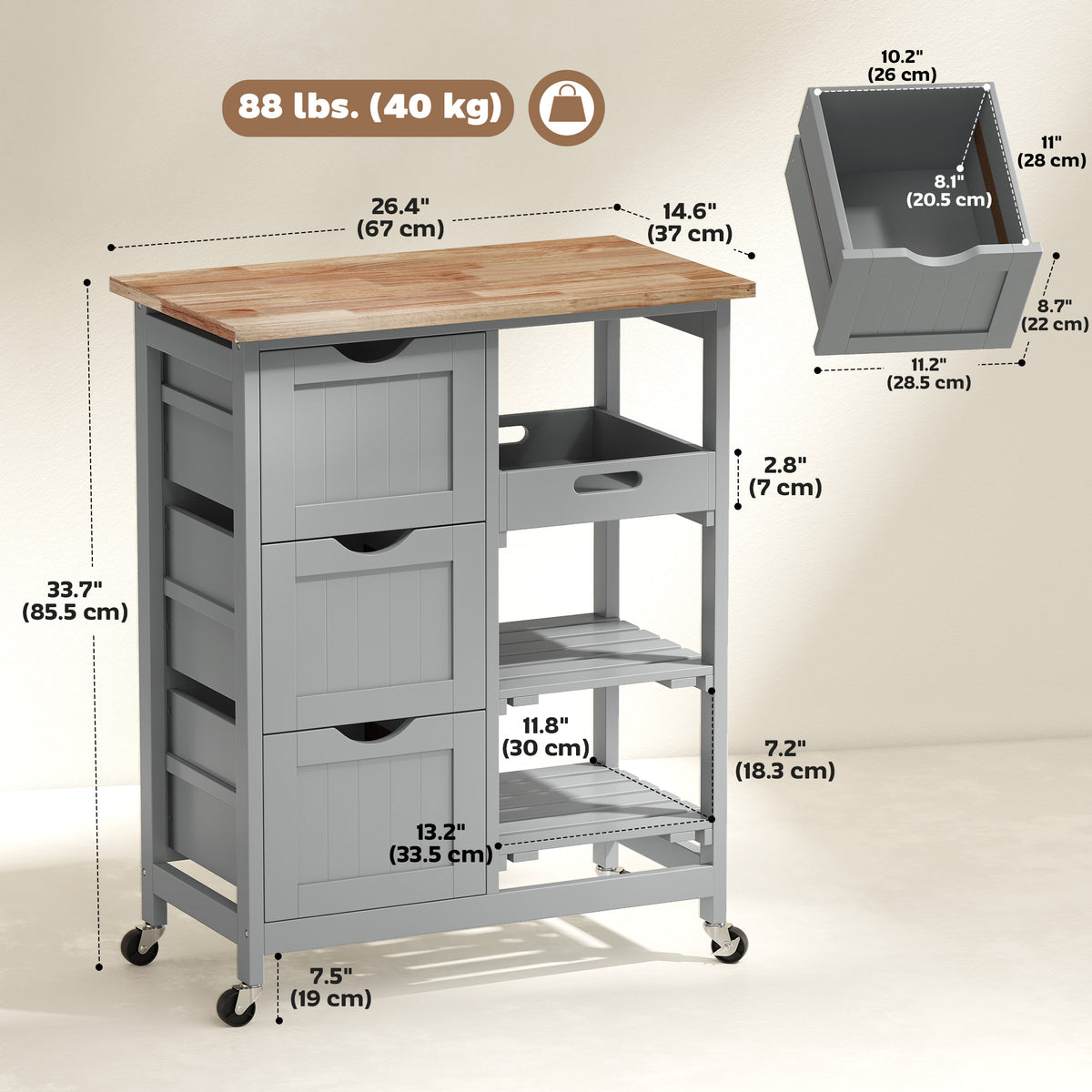 Rolling Kitchen Island Cart with Wood Top – 26"W x 34"H