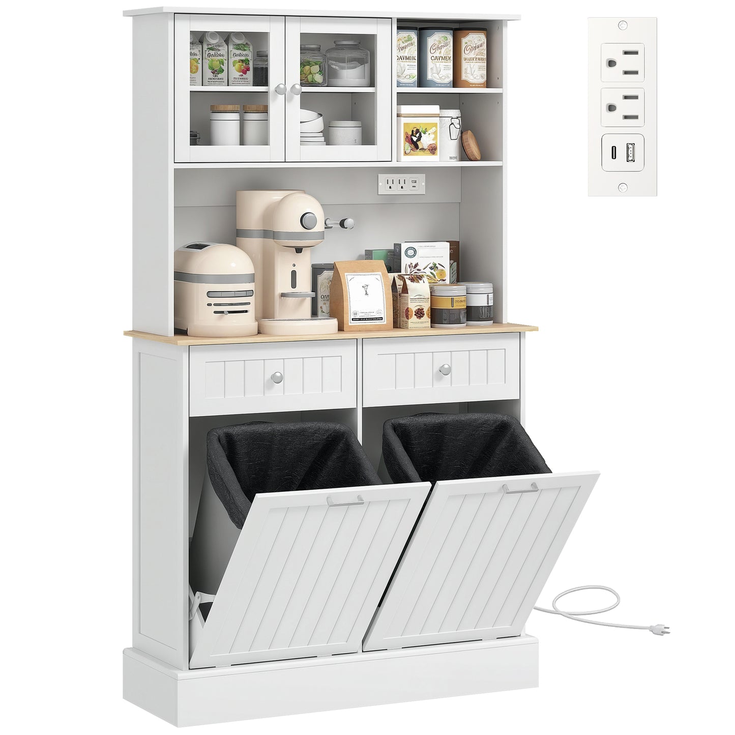 Kitchen Cabinet with Charging Station Freestanding Grey