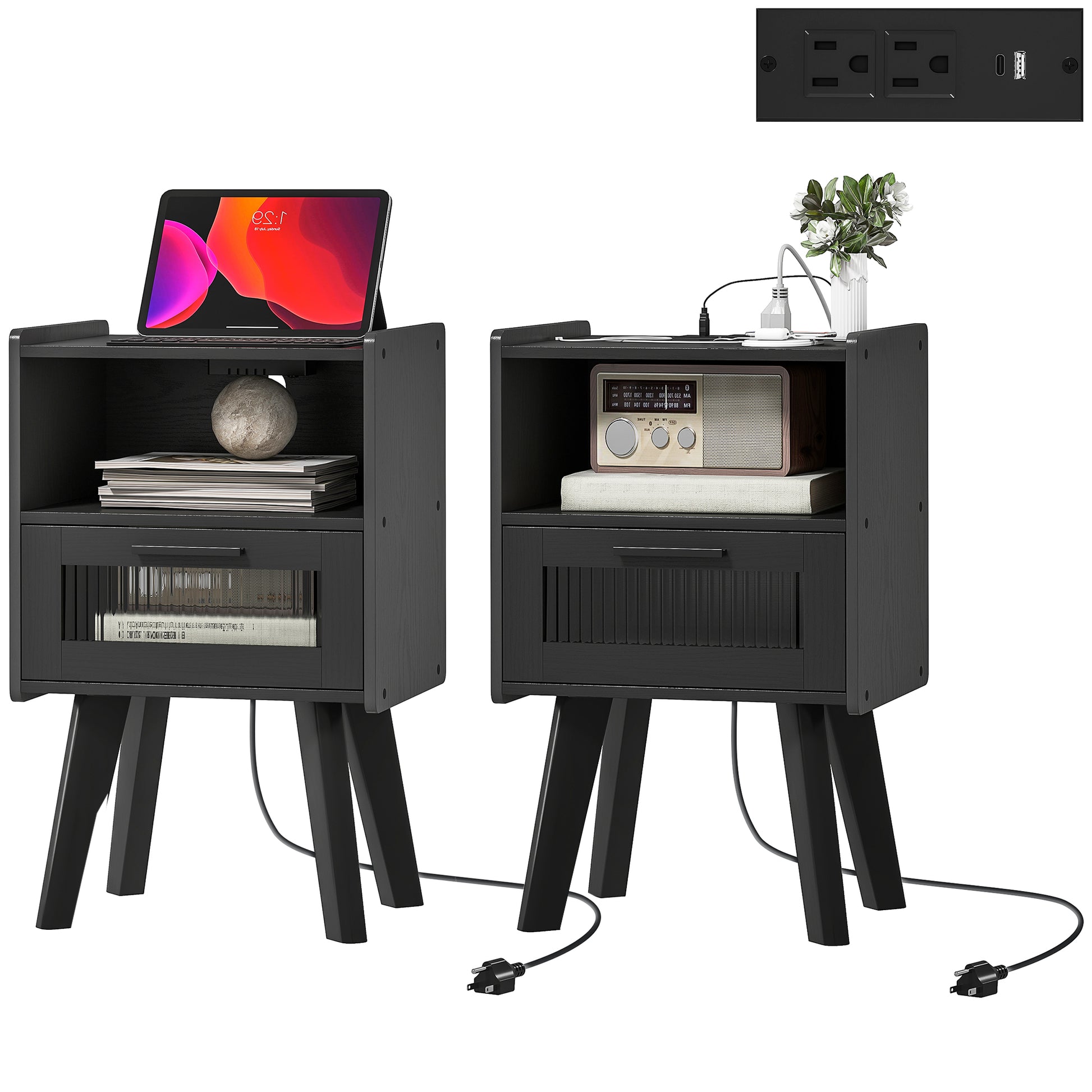 HOMCOM Modern Black Nightstands Set of 2 with Charging Station