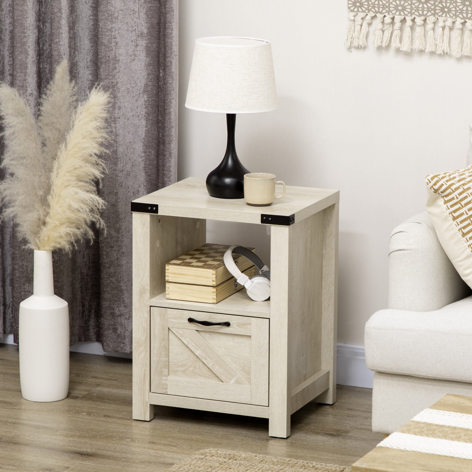 HOMCOM Farmhouse Side End Table with Drawer, Open Shelf & Barn-Style Panel
