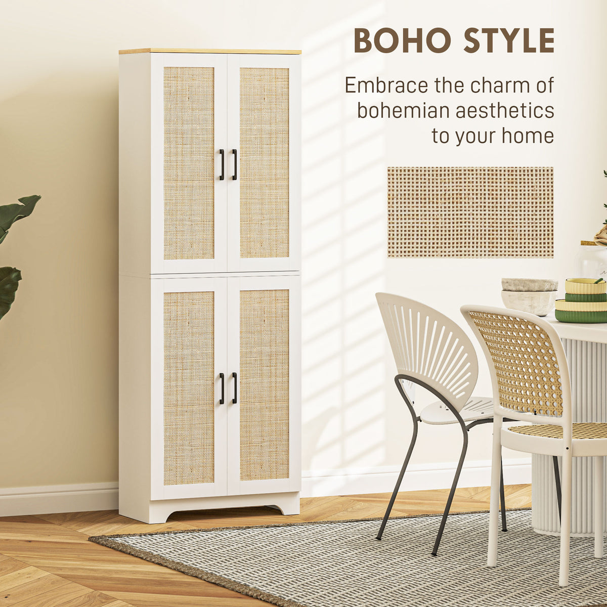 Tall Kitchen Pantry with 4 Rattan Doors and Adjustable Shelves – 24"W x 67"H
